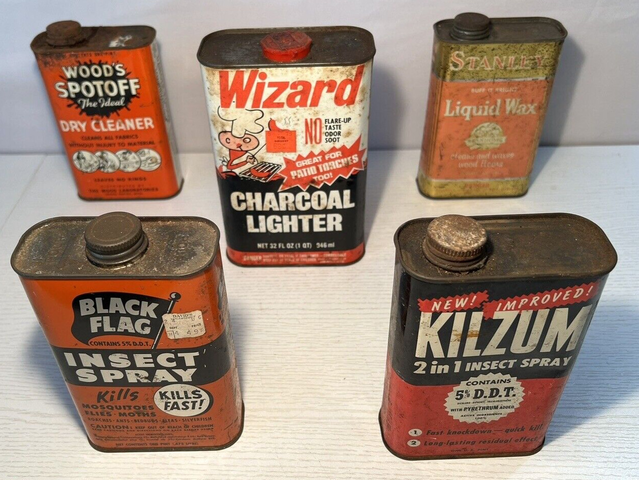 Vintage Metal Cans Lot -Advertising 1 pint Stanley Wizard Kilzum Black Flag