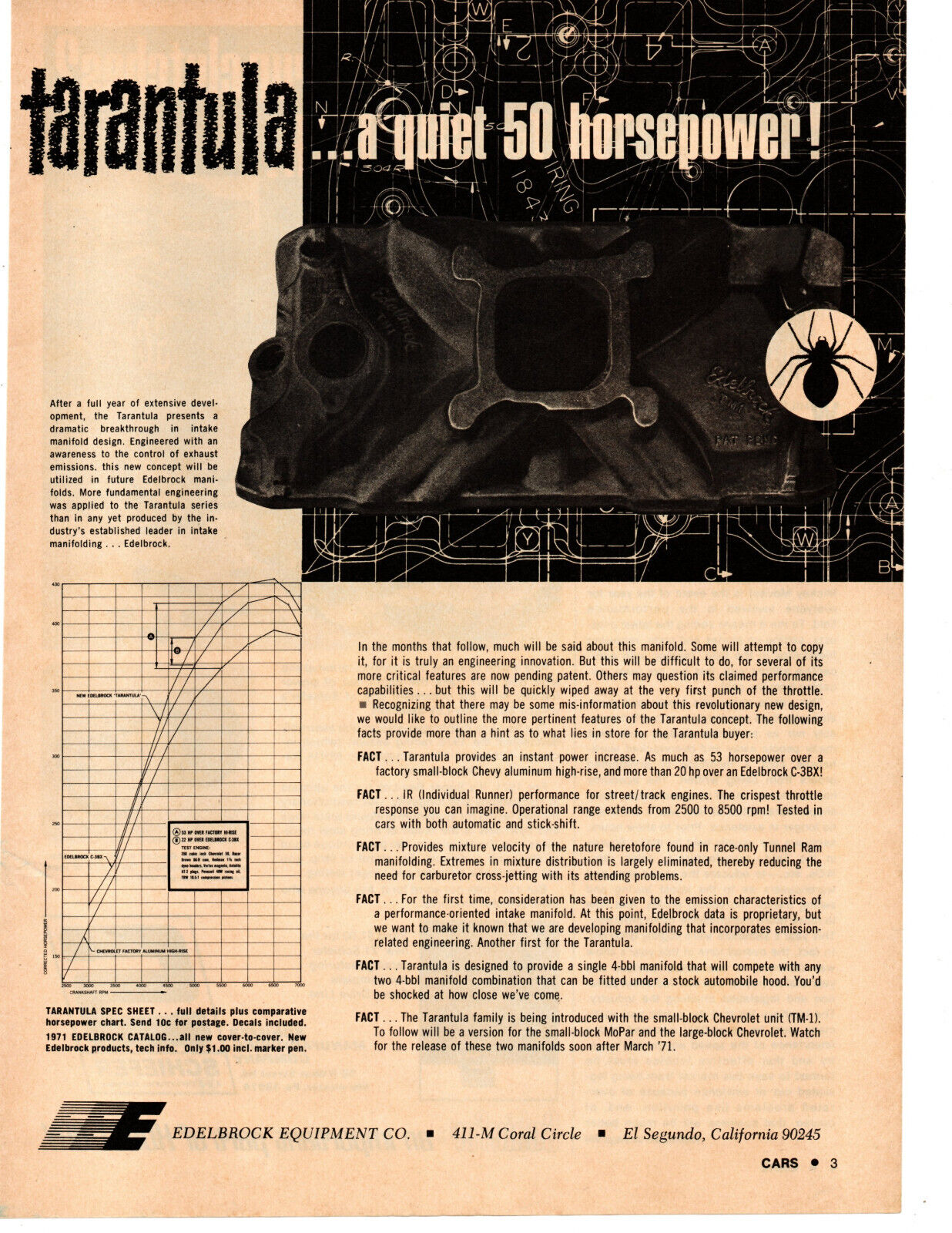 1968 EDELBROCK TARANTULA INTAKE MANIFOLD ~ ORIGINAL PRINT AD