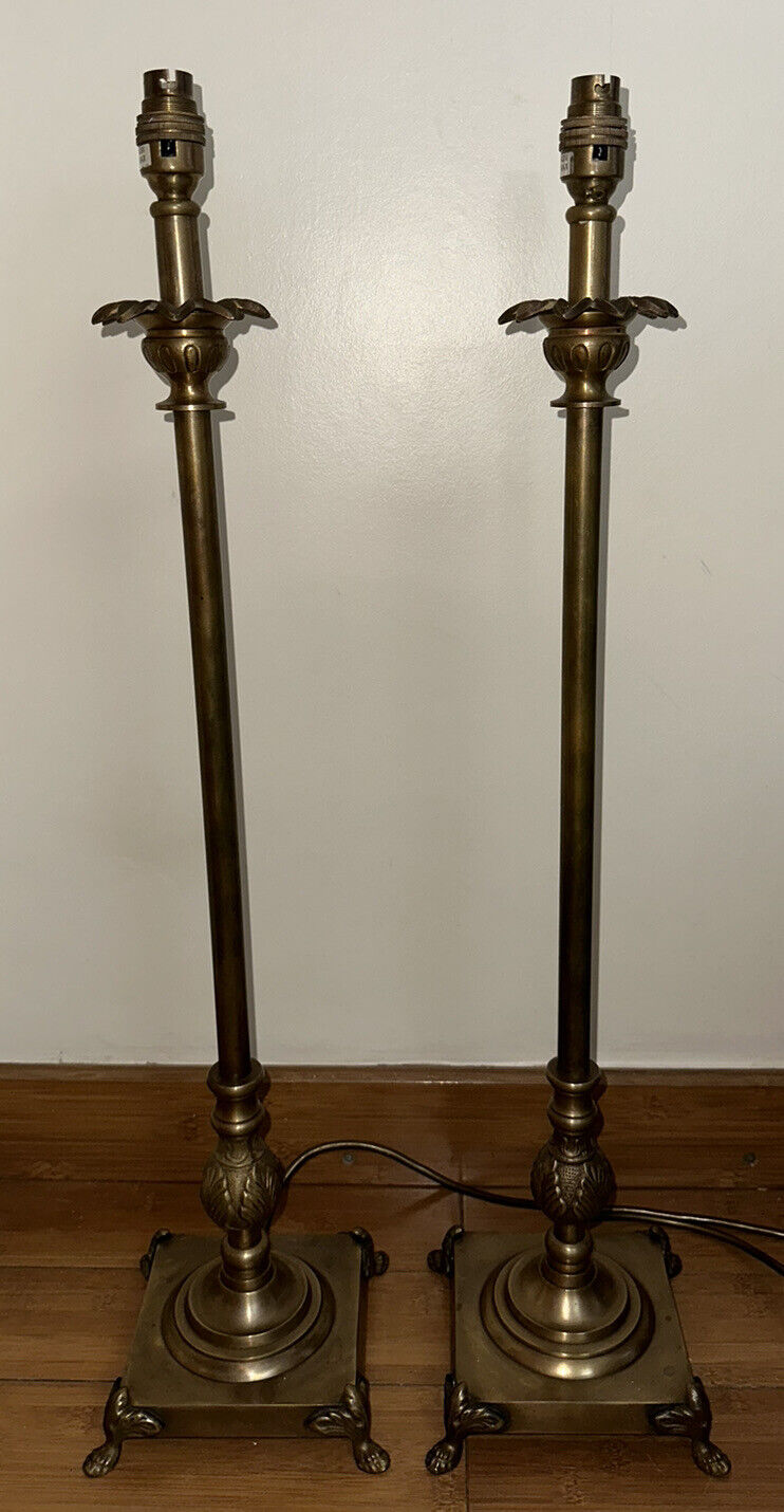 A Pair Of Beautiful Antique Or Vintage? Large Heavy Brass Paw Foot Lamps 75cm
