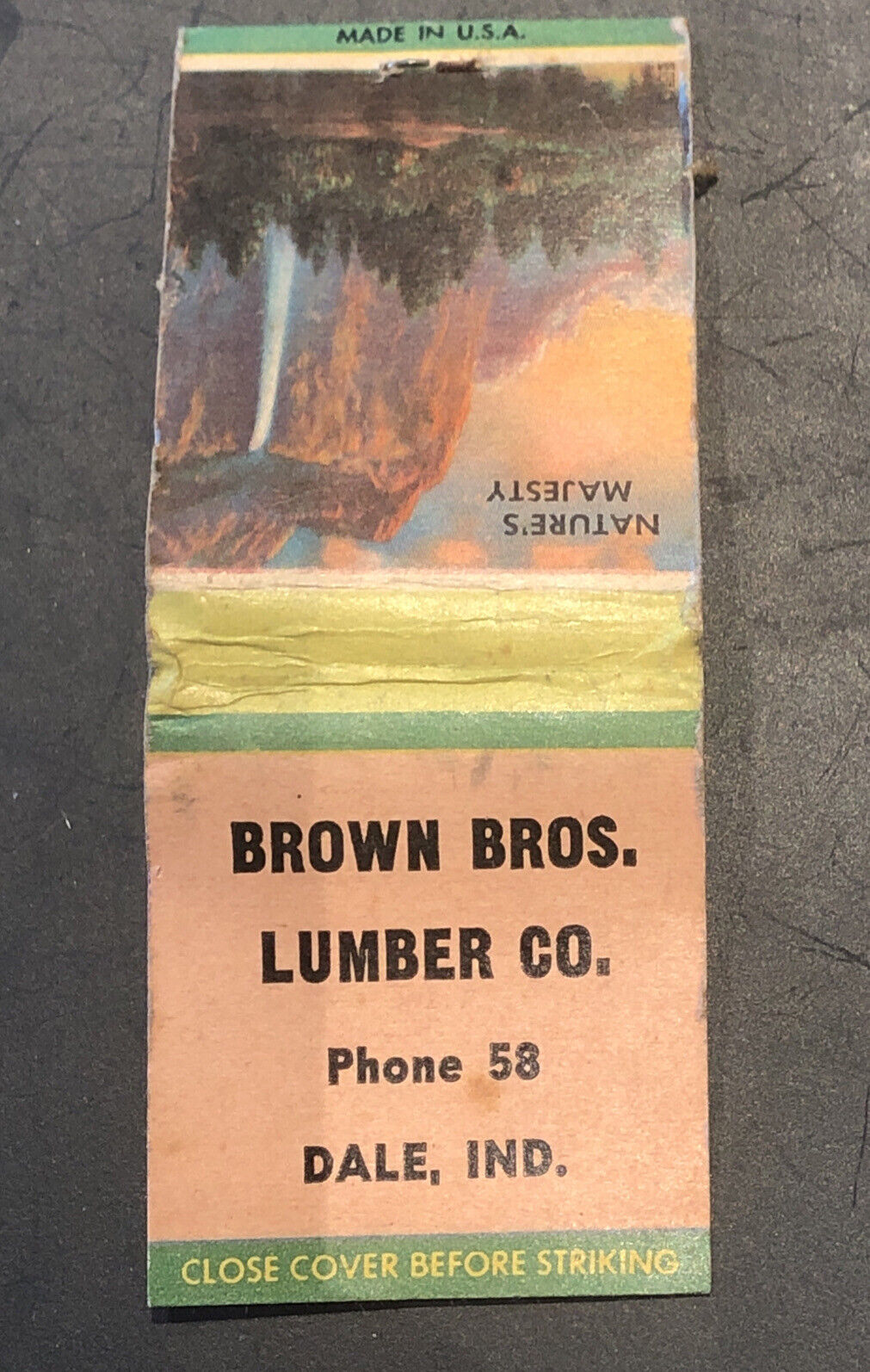Vintage 1940 Brown Bros Lumber Co Dale IN Indiana Matches Matchbook Picture Sign