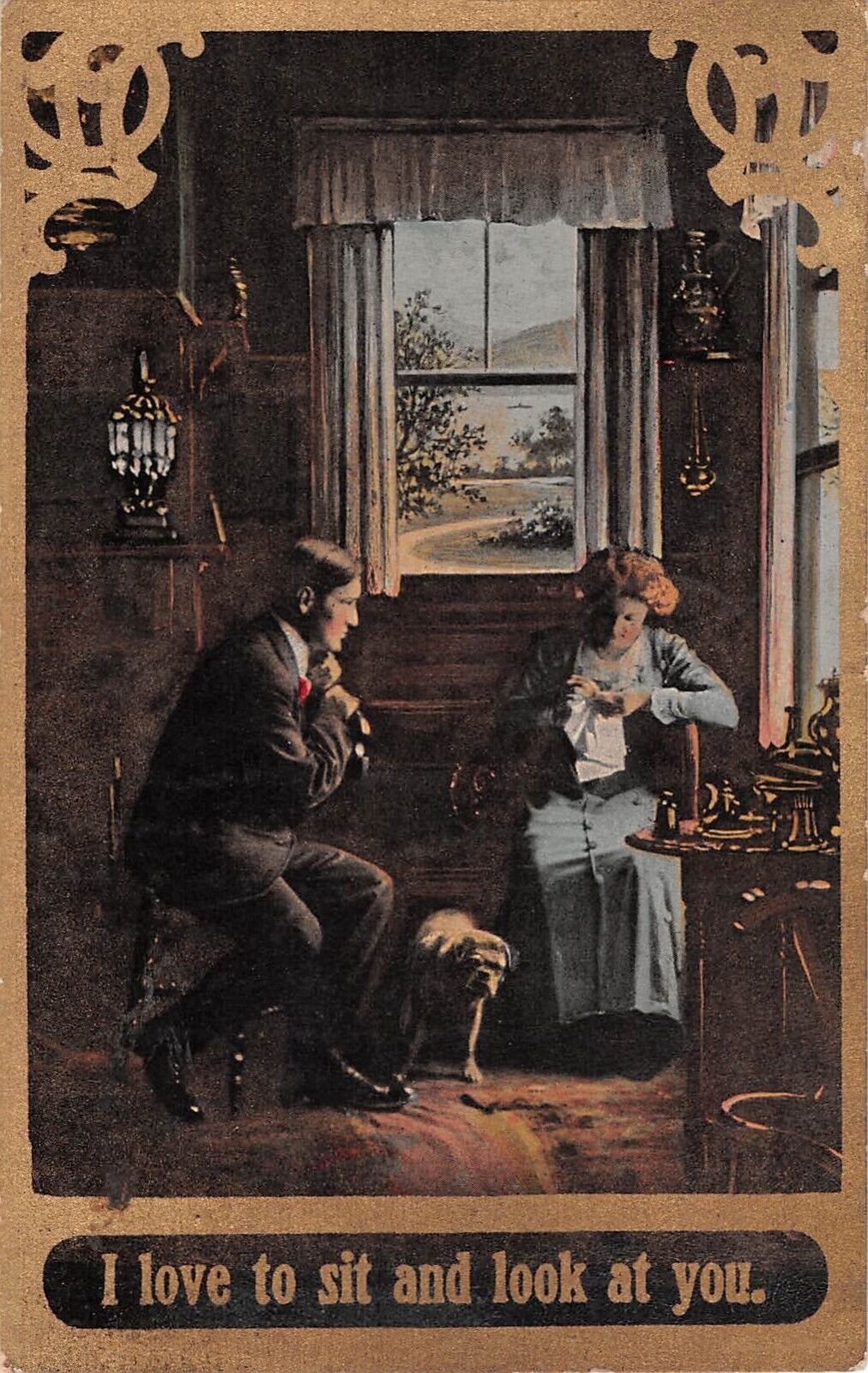 1909 Romantic PC of Lovers In the Parlor-Man Says-I Love To Sit & Look At You.