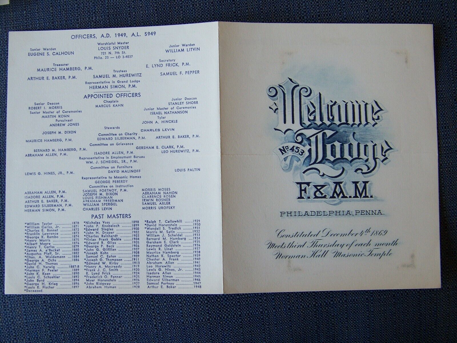 Philadelphia Pennsylvania PA Welcome Free Mason Lodge 453 Masonic 1949