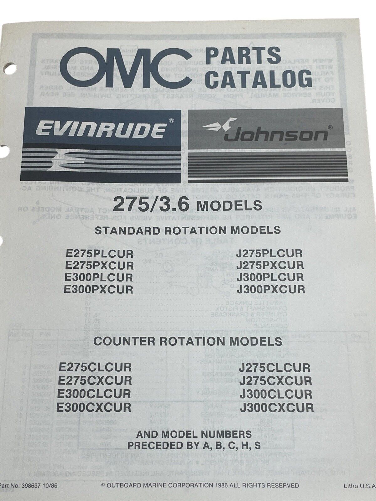 Vintage 1986 OMC Johnson Evinrude Parts Catalog 275/3.6 Models ￼Nautical