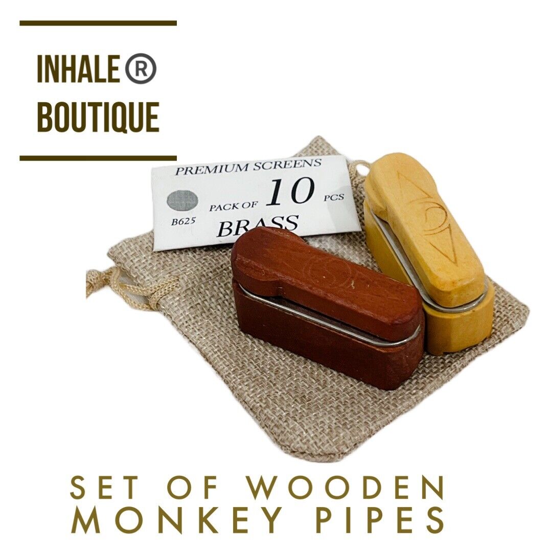 Set Of Wooden Smoking Monkey Pipes In Burlap Bag (+ 10 BRASS Screens)