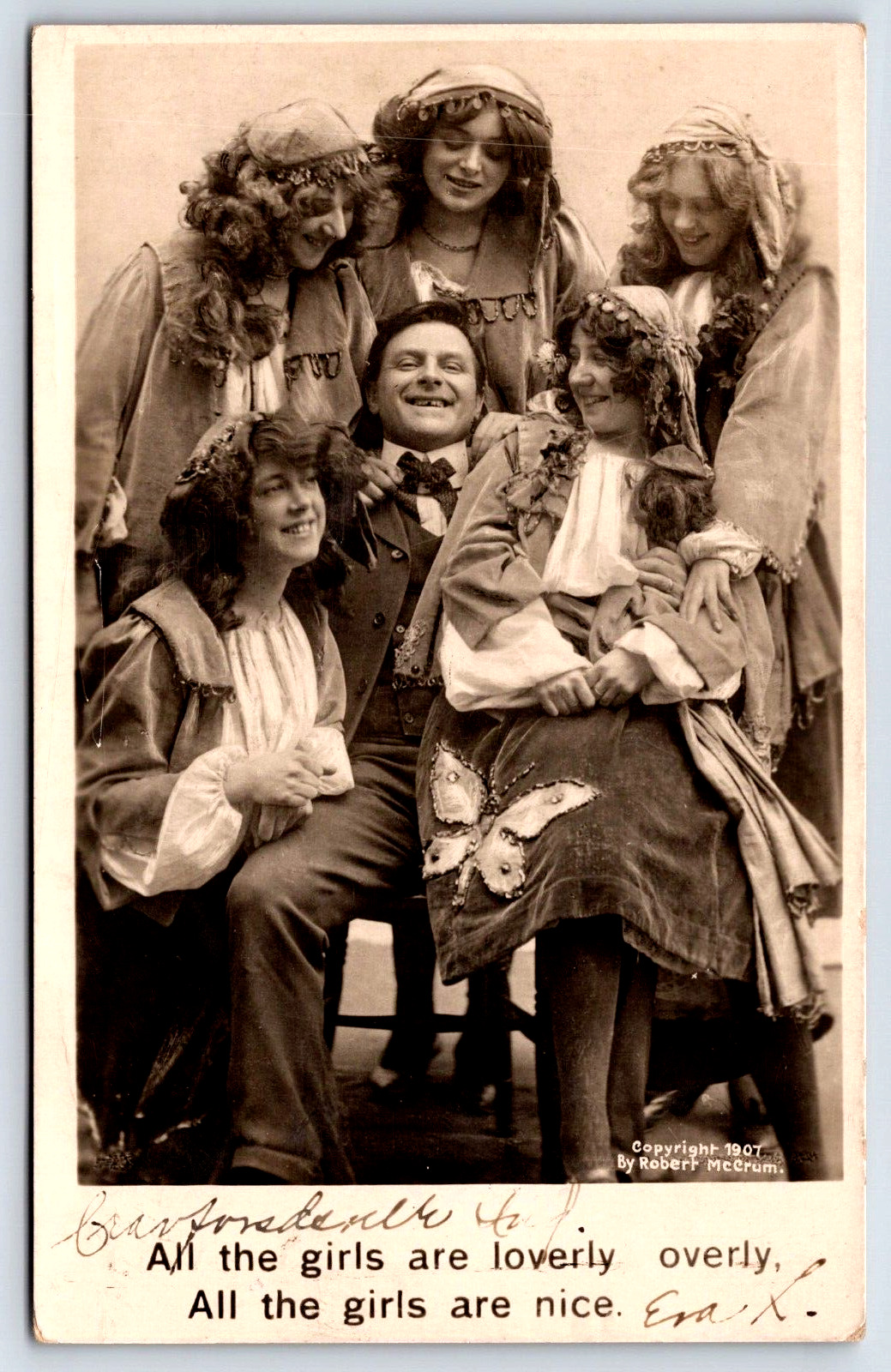 RPPC 1907 Laughing Man with 5 Gypsy Costumed Ladies Perhaps Actors? A19