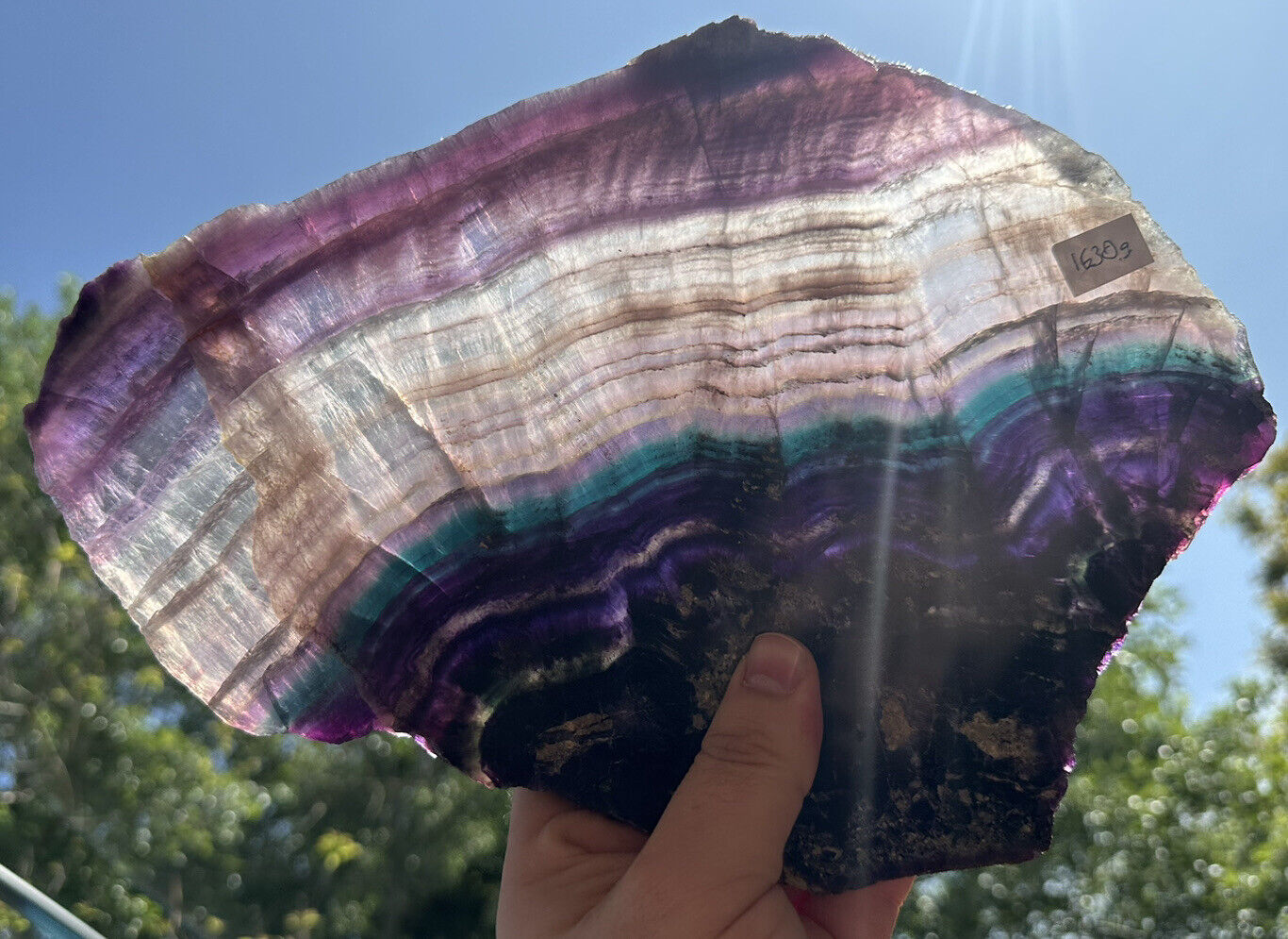 Large Fluorite Crystal Slice Slab banded Rainbow polished natural 1630g
