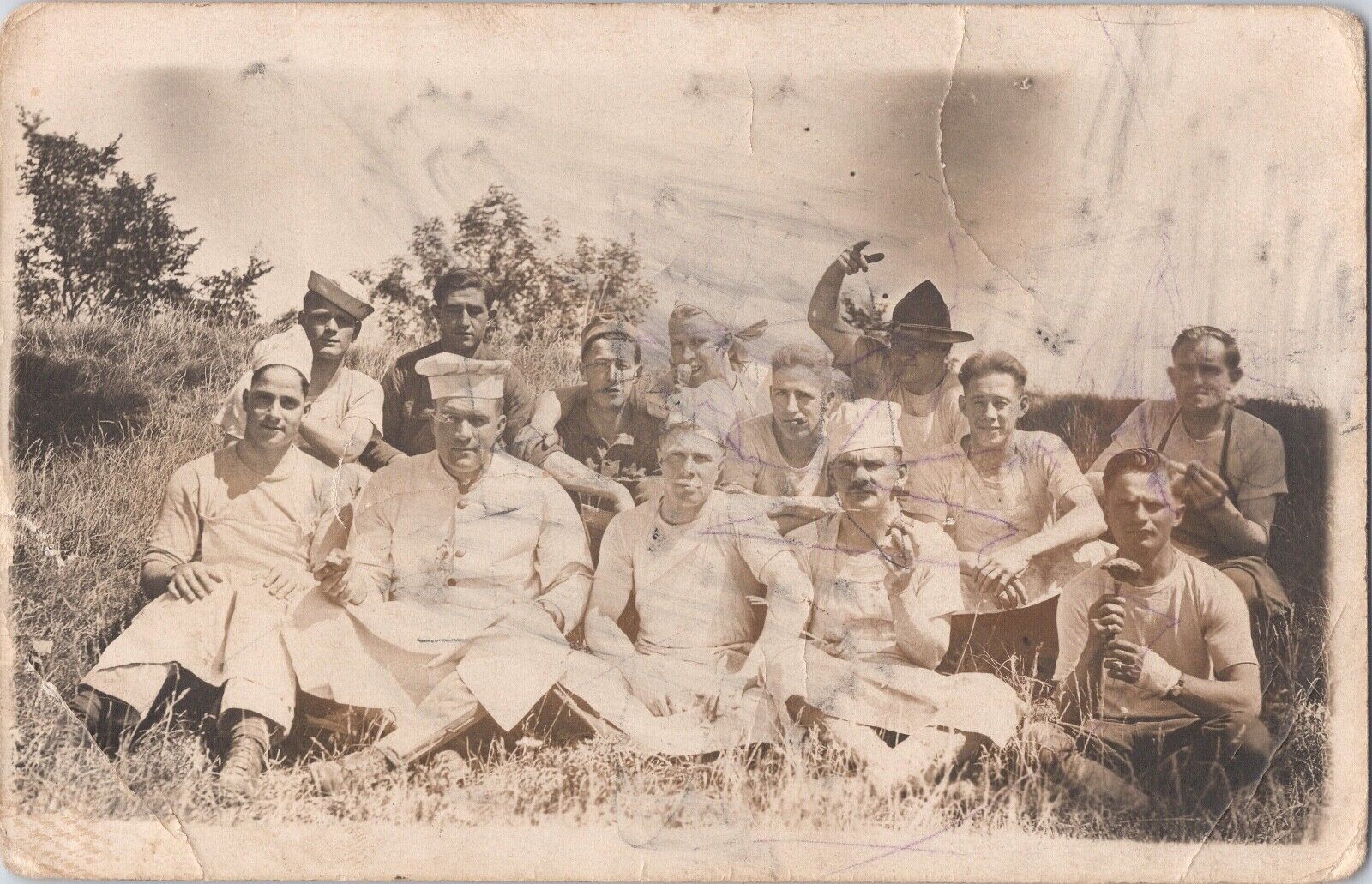 RPPC WWI Era Doughboy Soldiers Group Photo Having Fun France *2