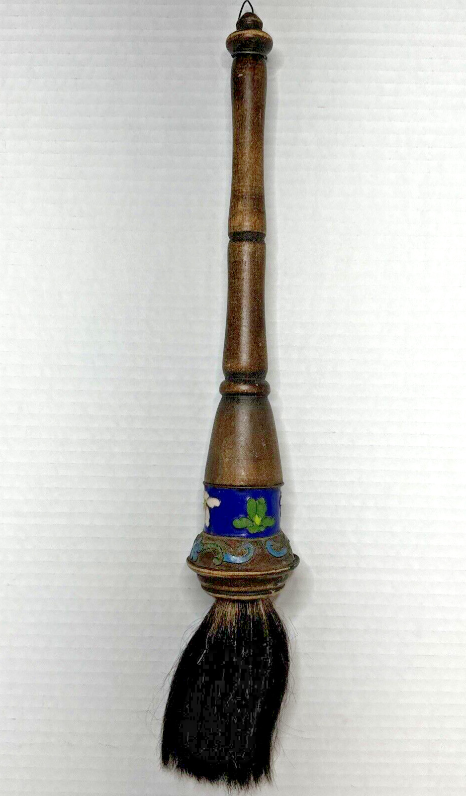 Antique Chinese Scholar\'s Calligraphy Fly Brush Carved Enamel Floral Horse Hair
