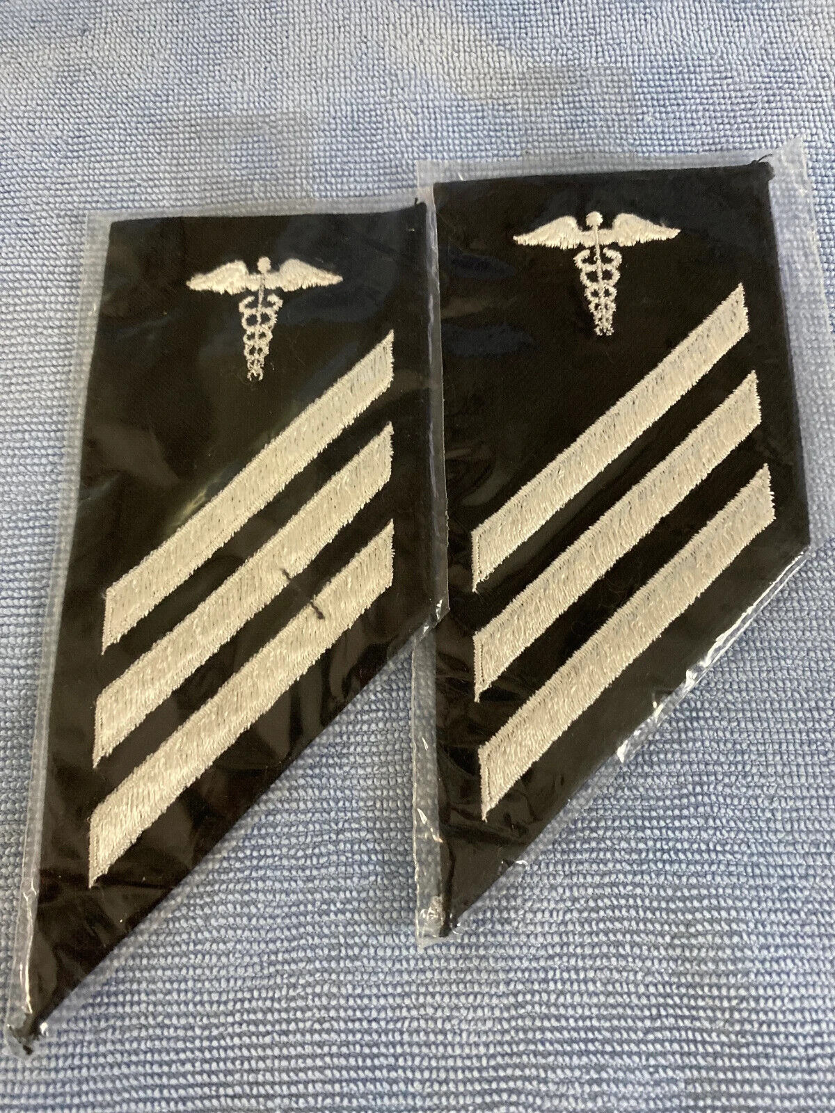 Pair USN Navy Medical SERVICE STRIPES Blue / White 3 Bars=12 years Sleeve Patch