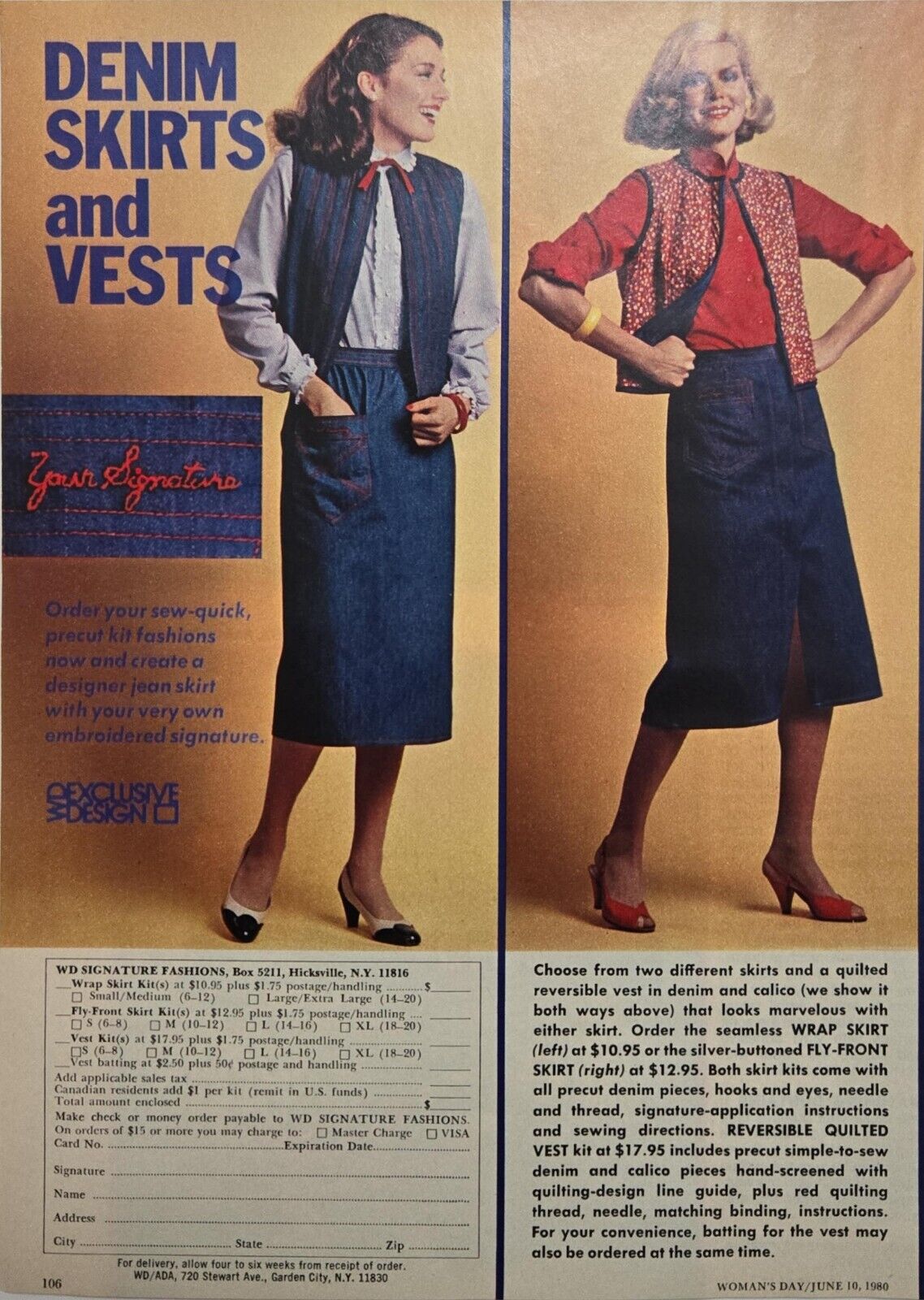 1980 Vintage Print Ad WD Signature Fashions Jean Skirt Jean Vest 80s Fashion 