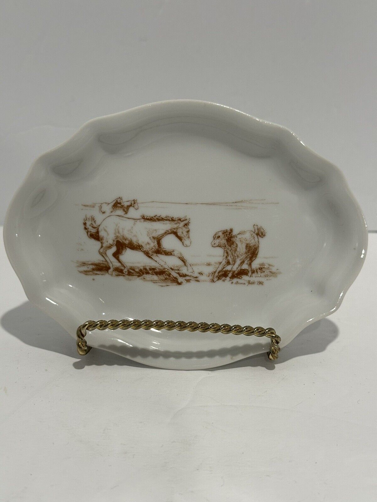 Ann Chapman Horses And Calf Art On Porcelain Trinket Dish Tray