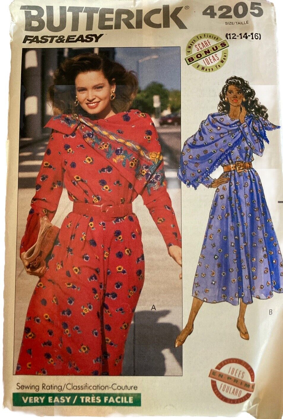 Butterick Uncut Pattern Vtg 4205 Misses Sz 12 14 16 1989 Couture Dress Scarf