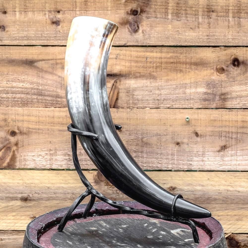 Real Nordic Viking drinking horn with blacksmith forged iron stand for valhalla