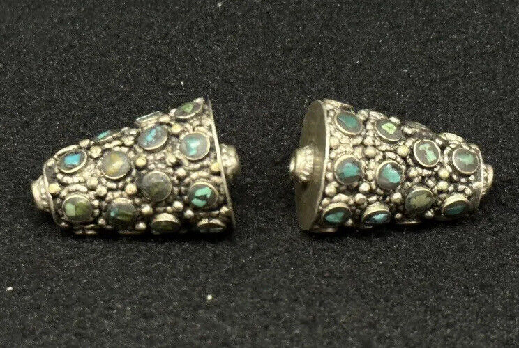 Tibeten Vinatge Old Antique Style 2 Spacer Beads Real Brass Turquoise