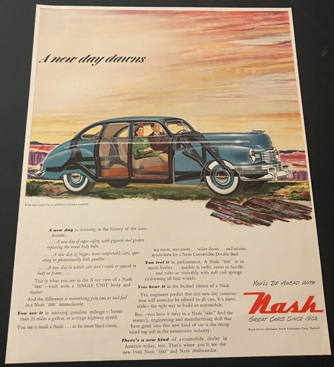 Blue 1948 Nash 600 at Sunrise - Vintage Original Holiday Print Ad / Wall Art
