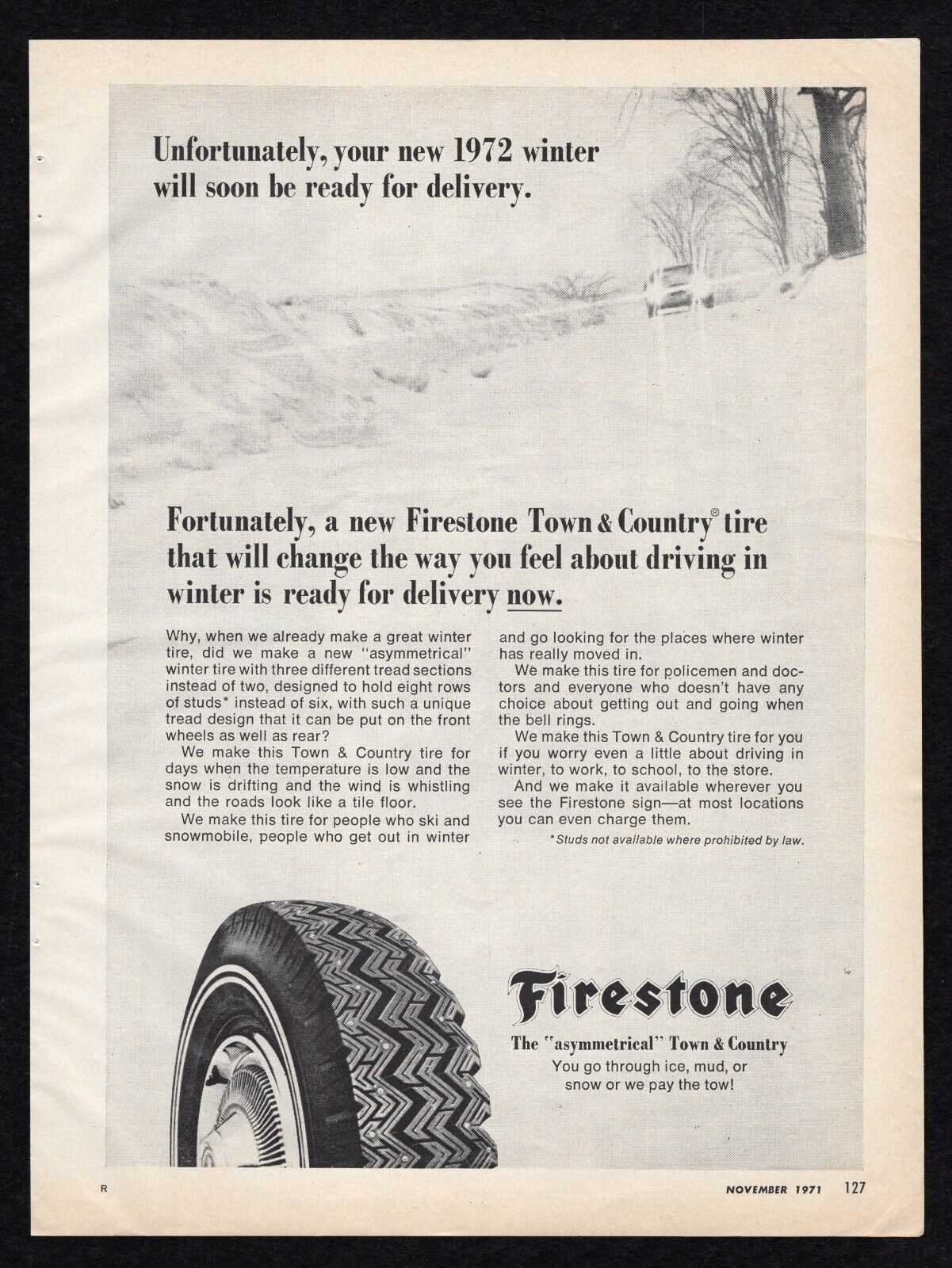 1971 Firestone Town Country Tire Asymmetrical Winter Mud Snow Driving Print Ad