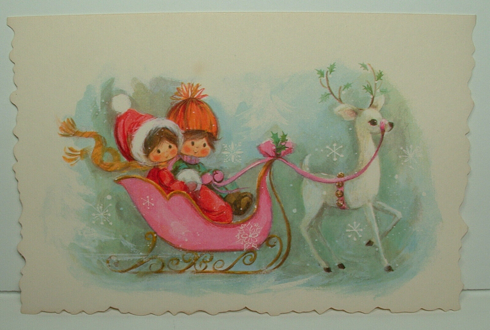 UNUSED - PINK Sleigh, White Reindeer - 1960\'s Vintage Christmas Greeting Card