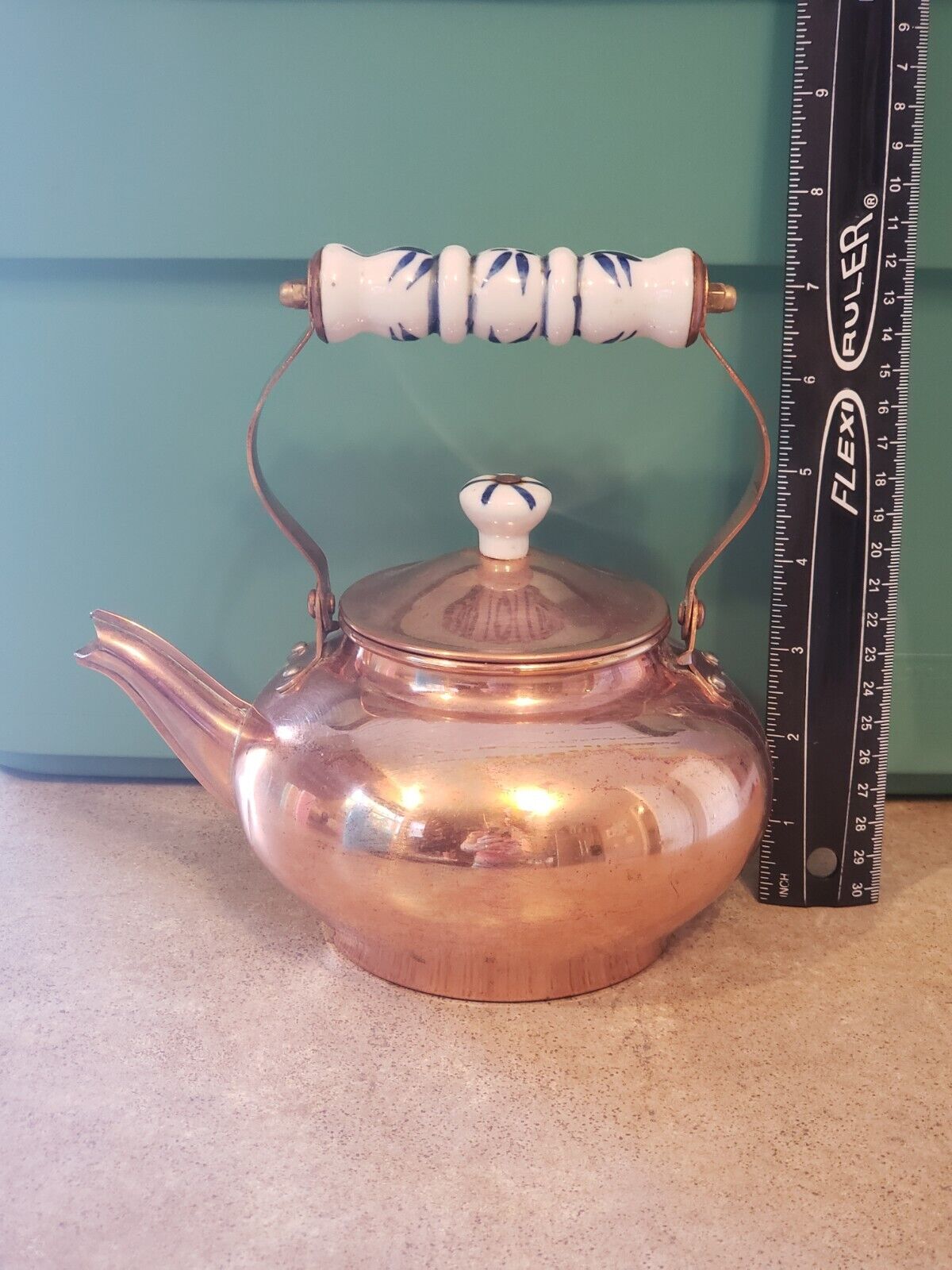 Vintage Copper Teapot Kettle w/Blue & White Handles-BEAUTIFUL