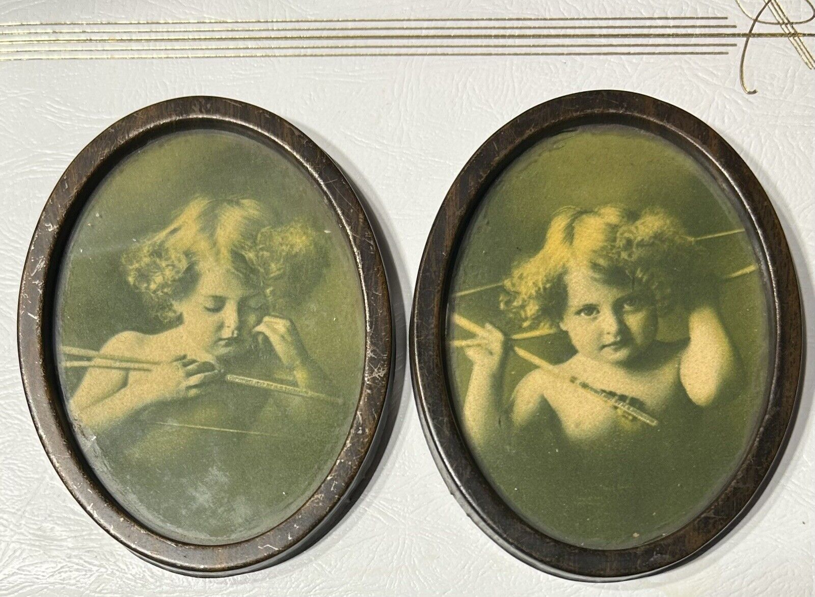 Antique 1897 Cupid Asleep & Cupid Awake-Oval Framed Photos M B Parkinson