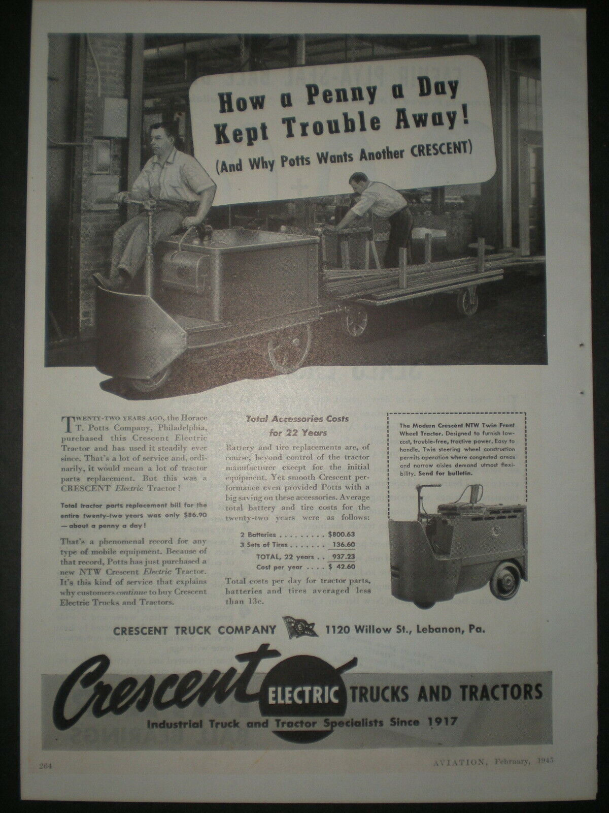 1945 MAN DRIVING ELECTRIC TRACTOR WWII vintage CRESENT Trade print ad