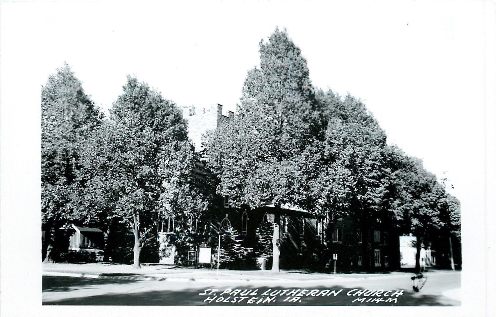 Holstein Iowa~St Paul\'s Lutheran Church in Trees~LL Cook Real Photo~1950s RPPC