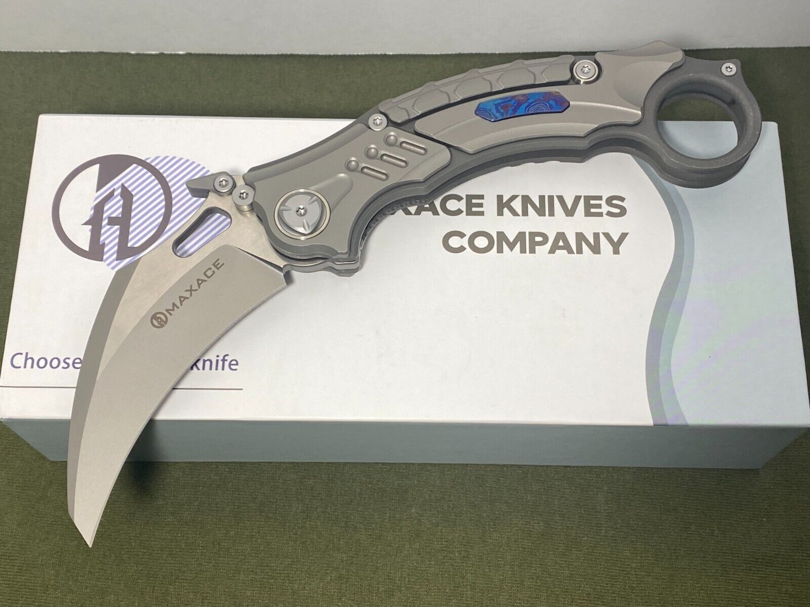 Maxace Raptor Krambit Knife Titanium Frame w/ Blue Timascus inlay Magnacut Blade