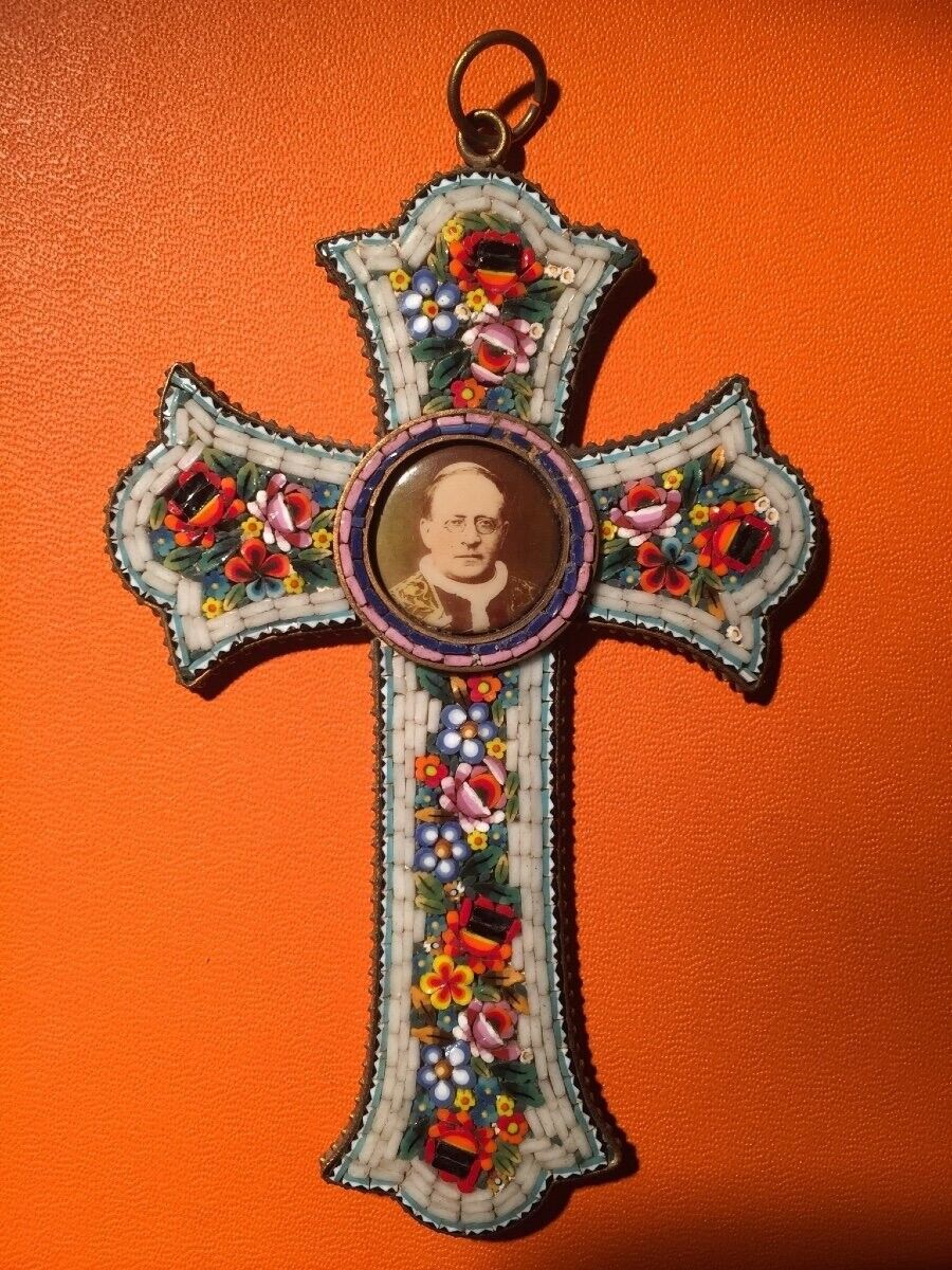 Antique Micro Mosaic Floral Cross Pendant Pope Pius XI Rome Brass Early 20th C