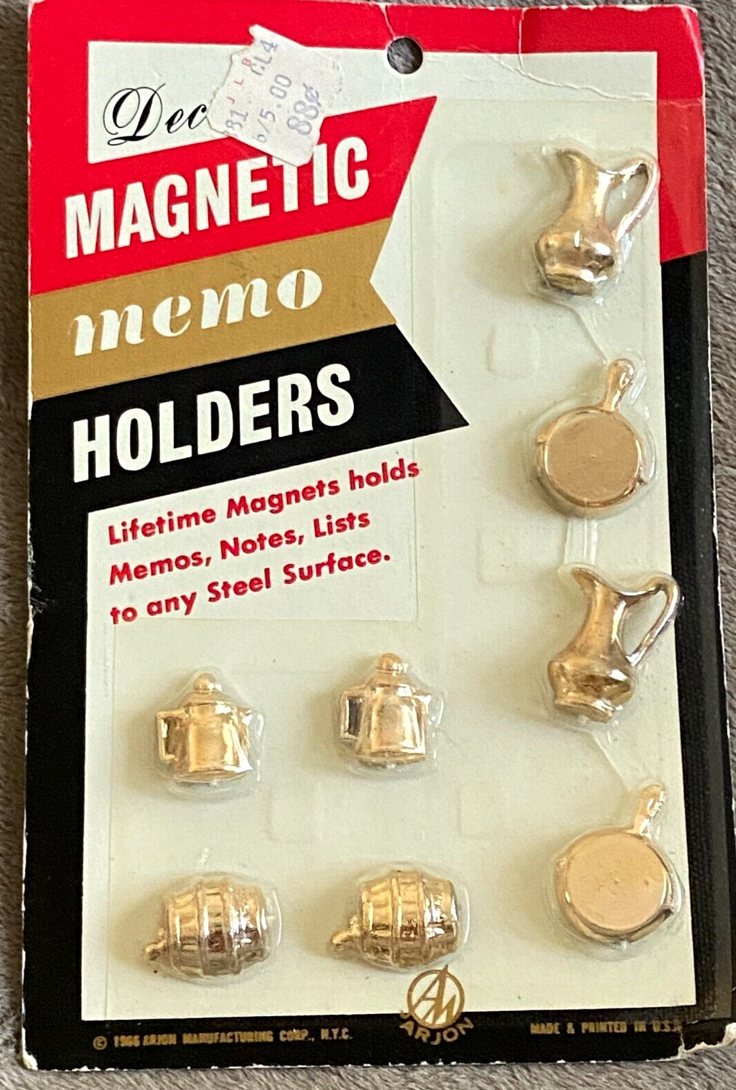 Vintage 1966 Metallic Gold-Tone Miniature Kitchen Magnetic Memo Holders
