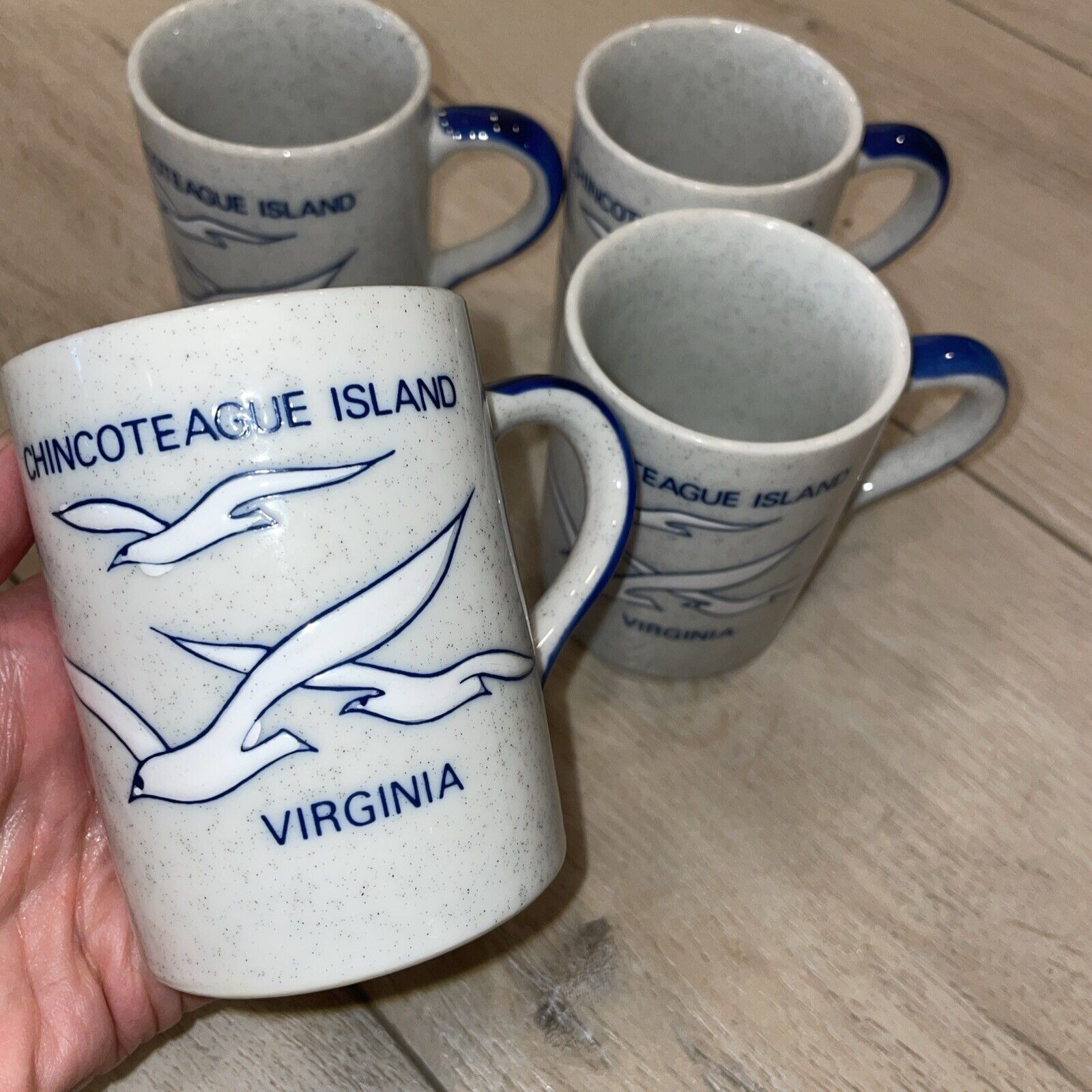 4 Vintage Stoneware Seagull Mugs Chincoteague Island VA Coastal Otagiri Blue Gra