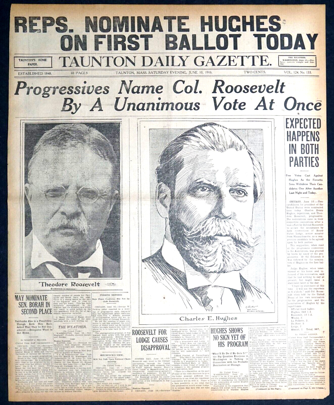 1916 Newspaper Front Page - Progressives Nominate Theodore Roosevelt Unanimously
