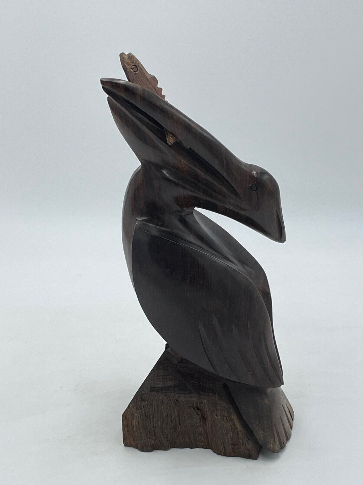 Vintage Hand Carved Ironwood Pelican Bird and Fish Figurine Wooden Art Decor