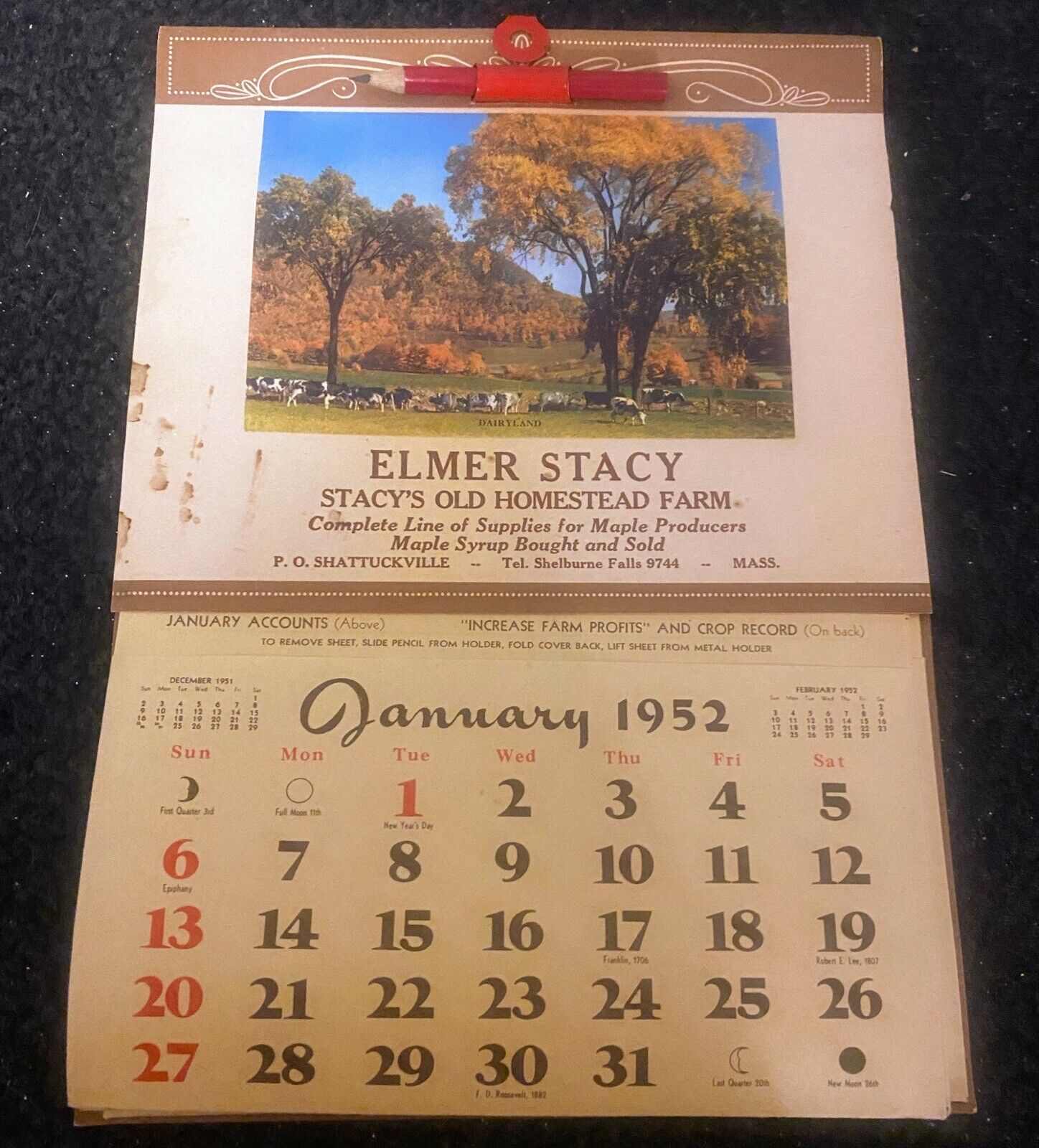 1952 Elmer Stacy ( Stacy’s Old Homestead Farm ) Calendar/ Accounts With Pencil *