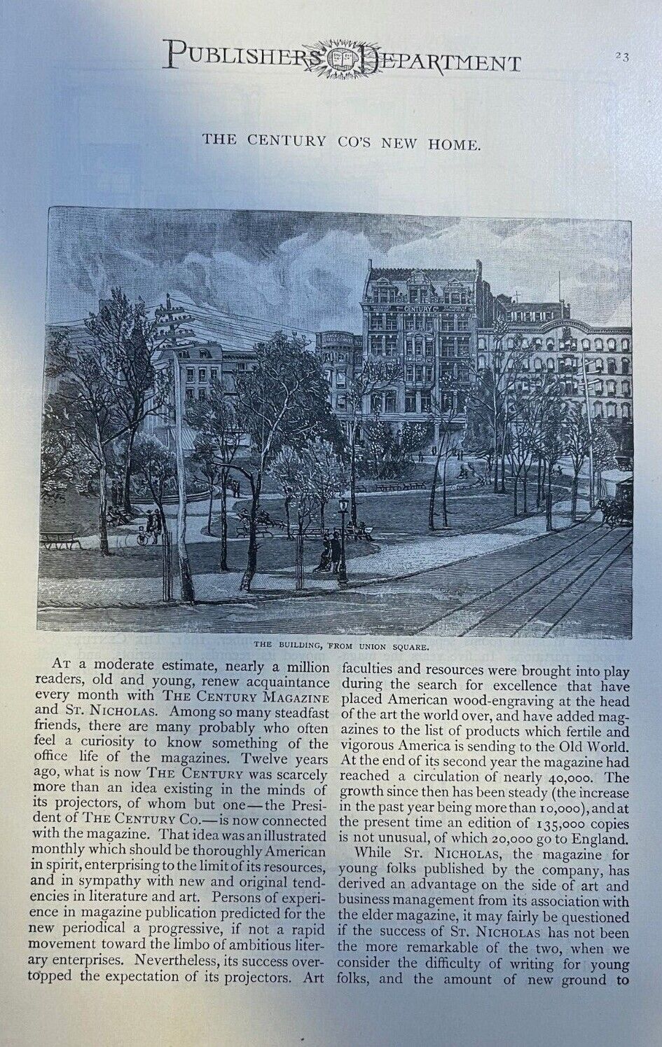 1882 New Home of Century Magazine and St. Nicholas Magazine Union Square 