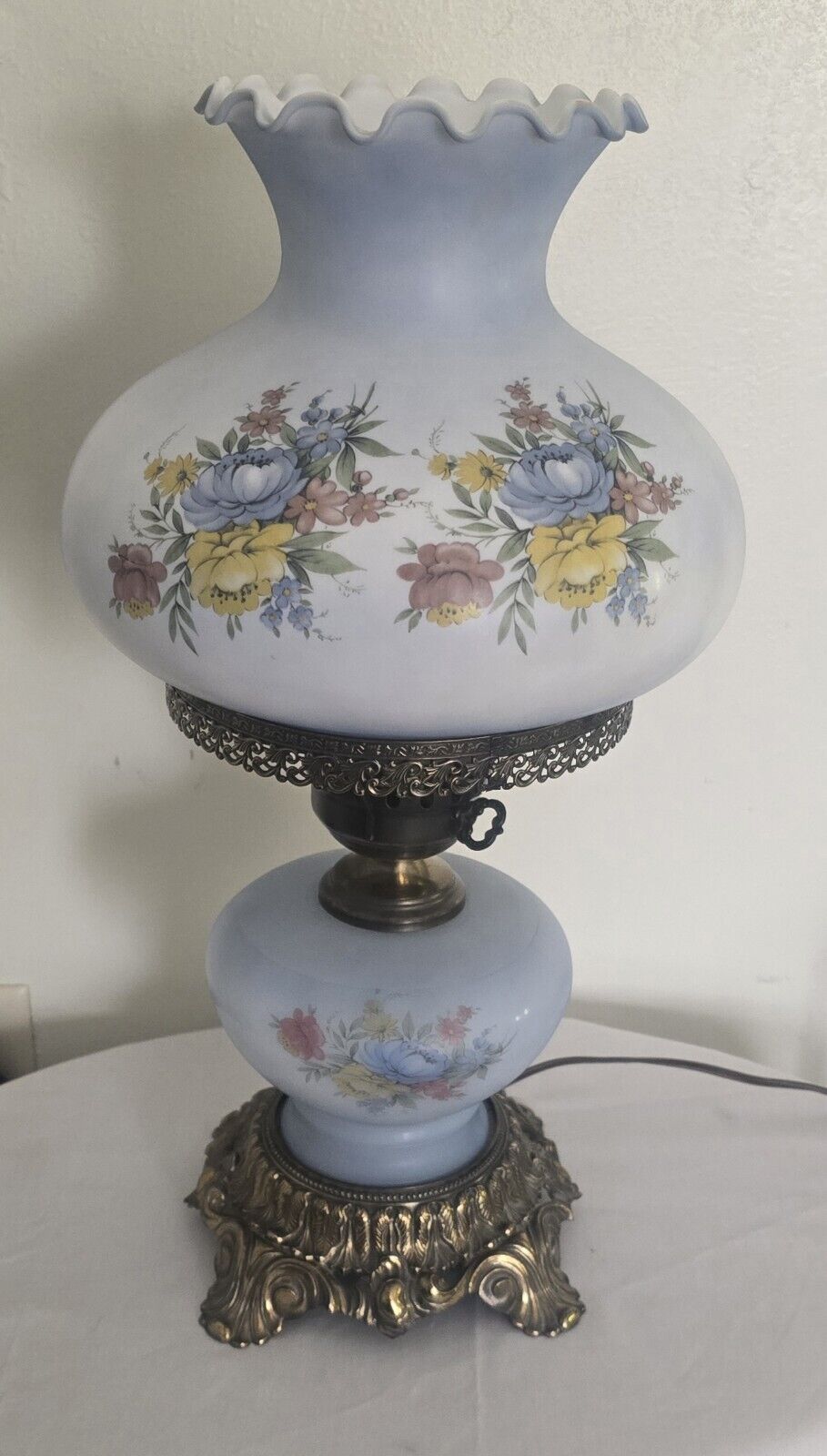 Vintage 1971 L & LWMC Baby Blue Hand Painted Floral Parlor Hurricane Table Lamp 