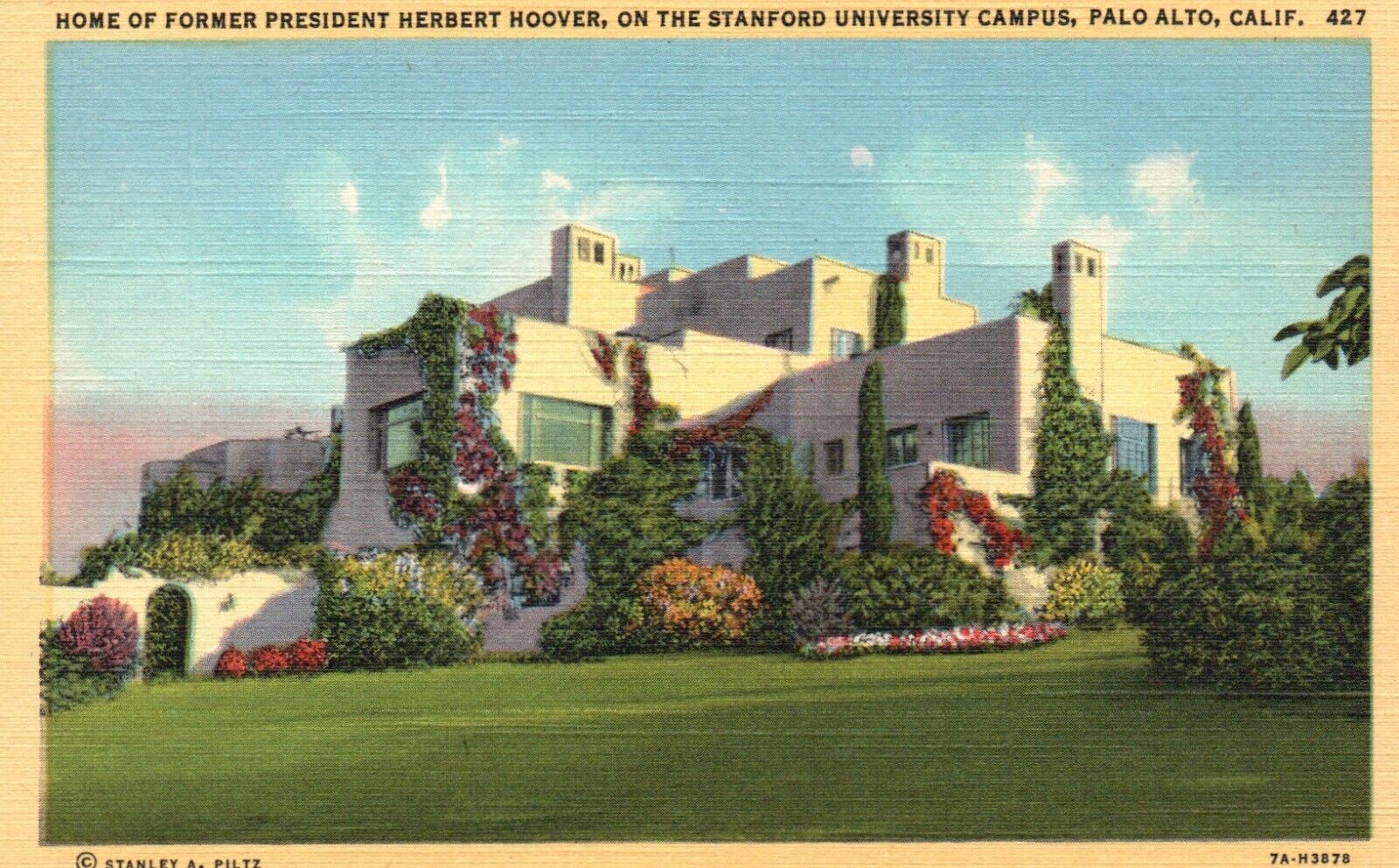 Postcard CA Palo Alto Stanford University Hoover Home 1937 Linen Vintage PC J370