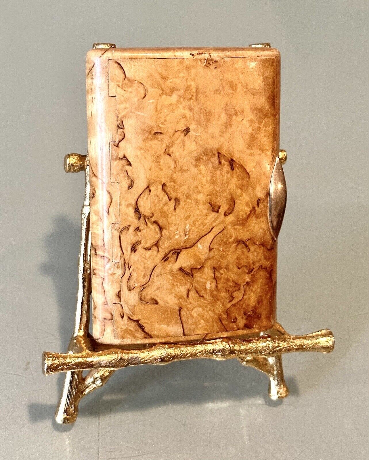 Vintage Antique Carved Wood Karelian Birch 14K Gold Cigarette Trinket Case Box