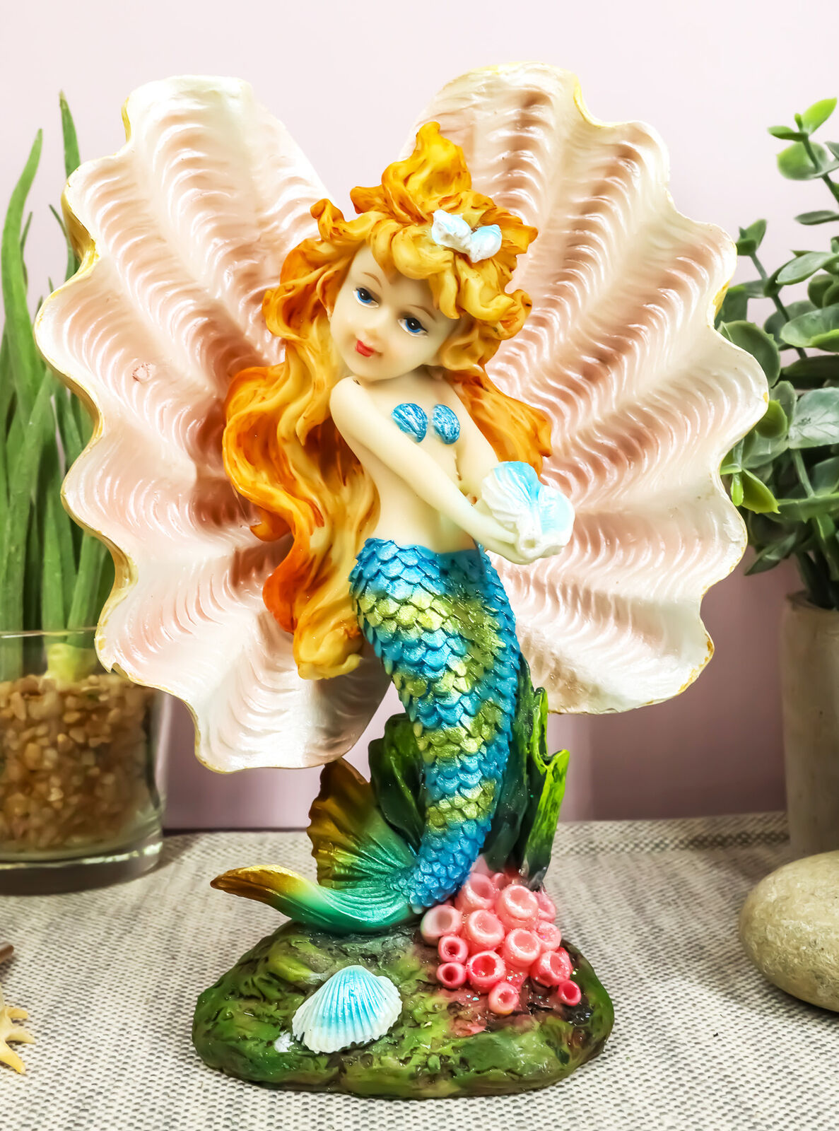 Aquamarine Mermaid Mergirl Holding Blue Sconce By Giant Pearl Shell Statue 7\