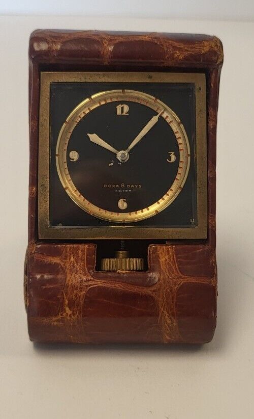 Rare Early 1900\'s DOXA 8 Days SWISS Clock In Aligator Folding Case