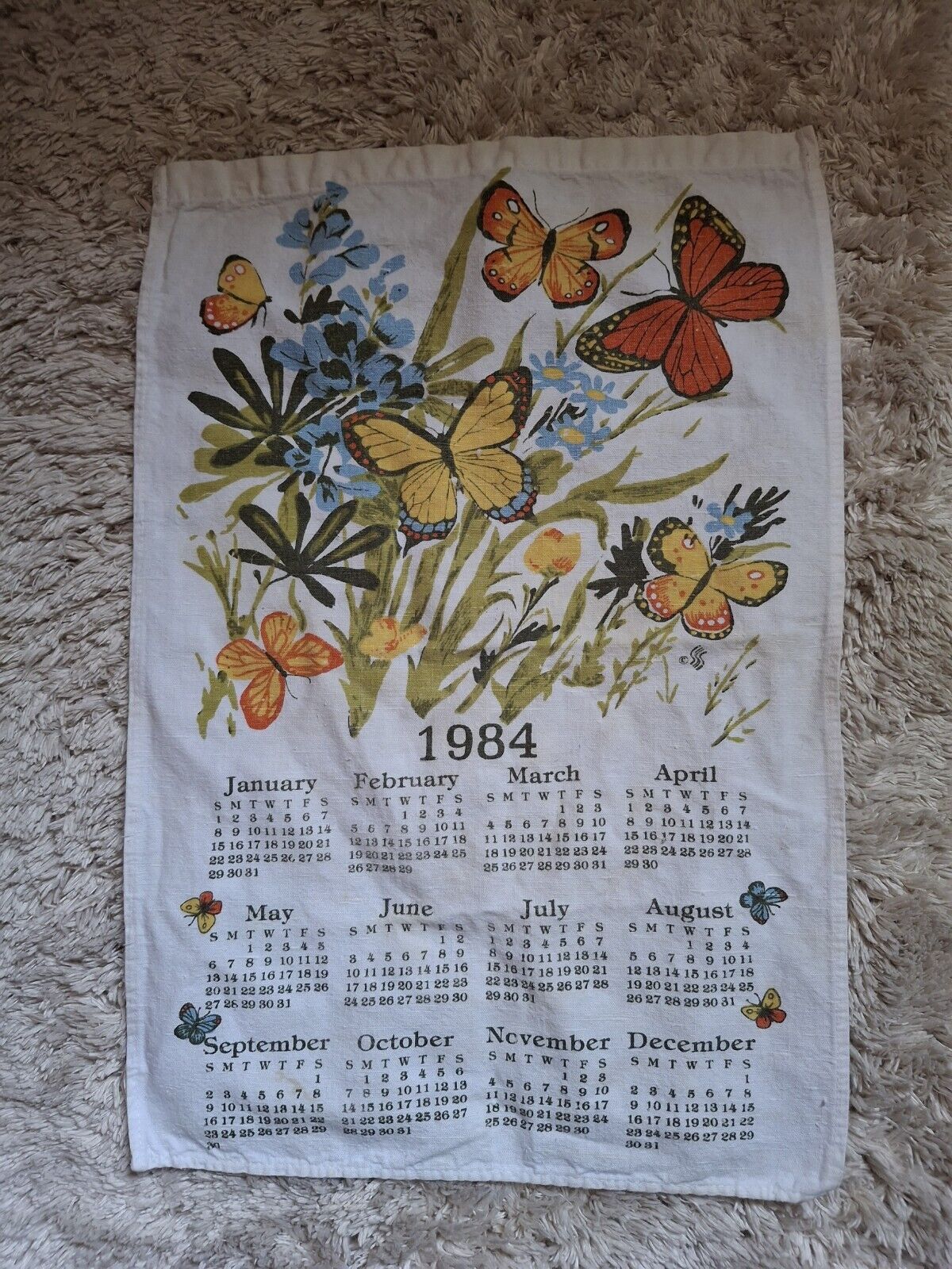 Vintage 1984 Linen Tea Towel Calendar BUTTERFLIES  Flowers pocket Rod