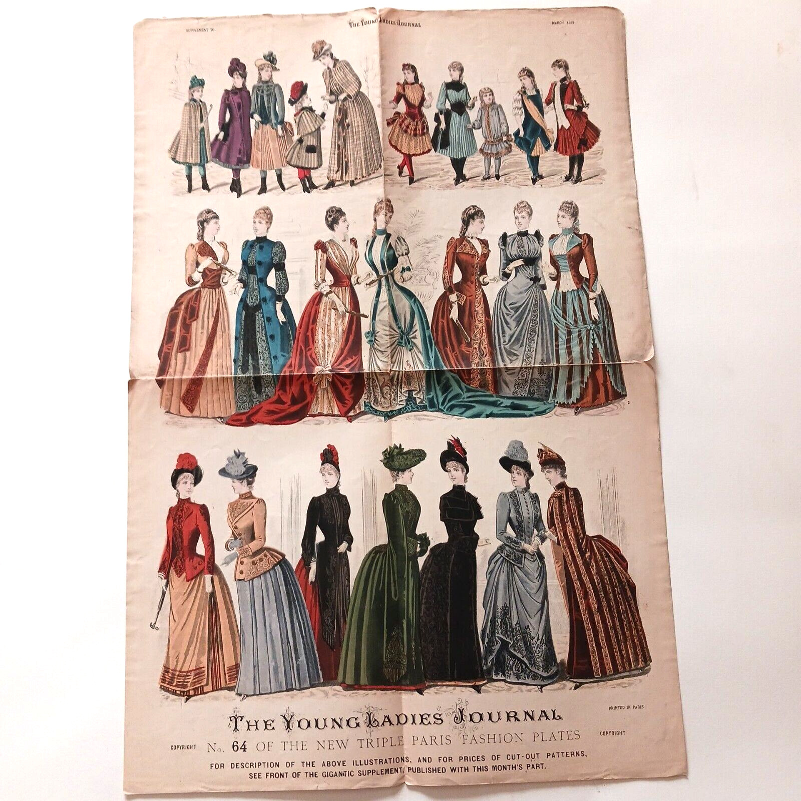 Antique 1880s Young Ladies Journal Mar 1889 Color Paris Fashion Plate No. 64