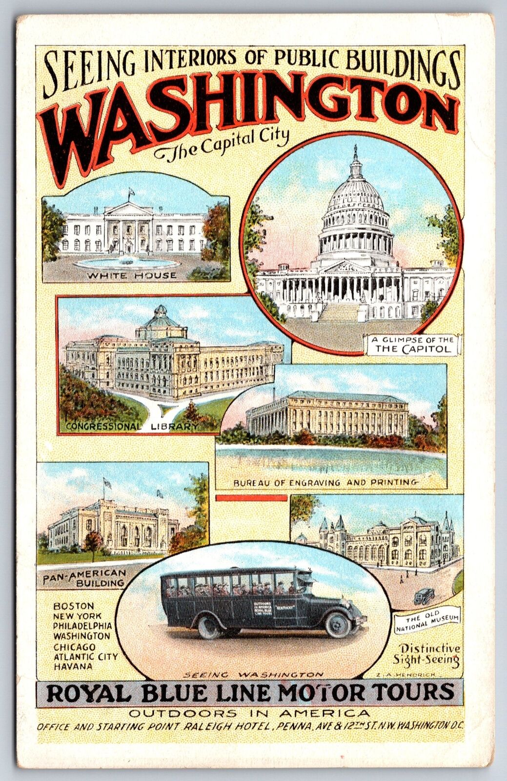 Washington DC~Royal Blue Line Motor Tours~White House~Capitol~Library~1920s Pc