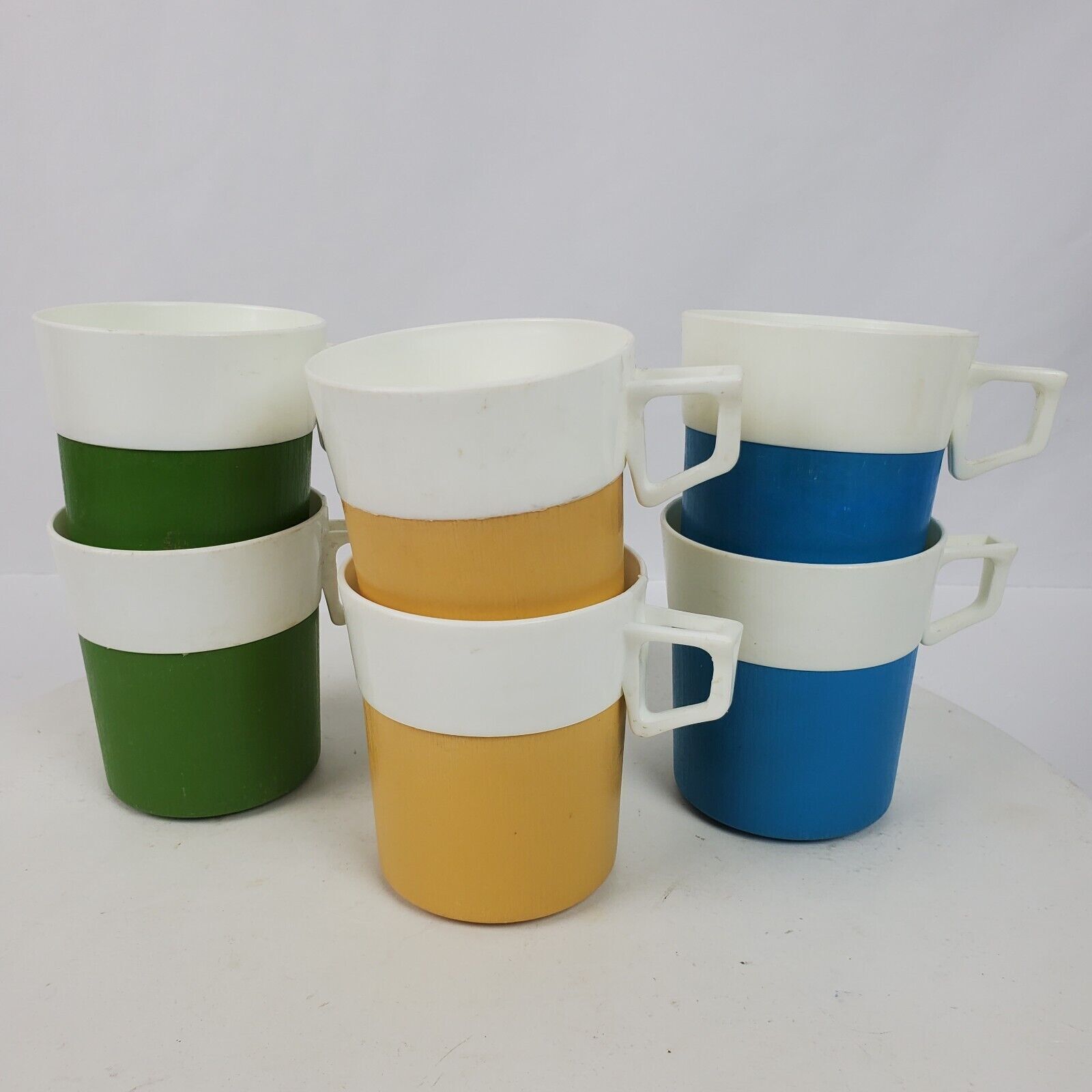 Vintage Mid Century Coffee Cups Plastic Green Yellow Blue SET OF 6