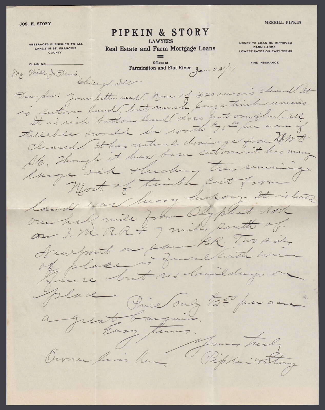 1917 Unsigned Handwritten Letter Pipkin & Story Farmington MO Realtors