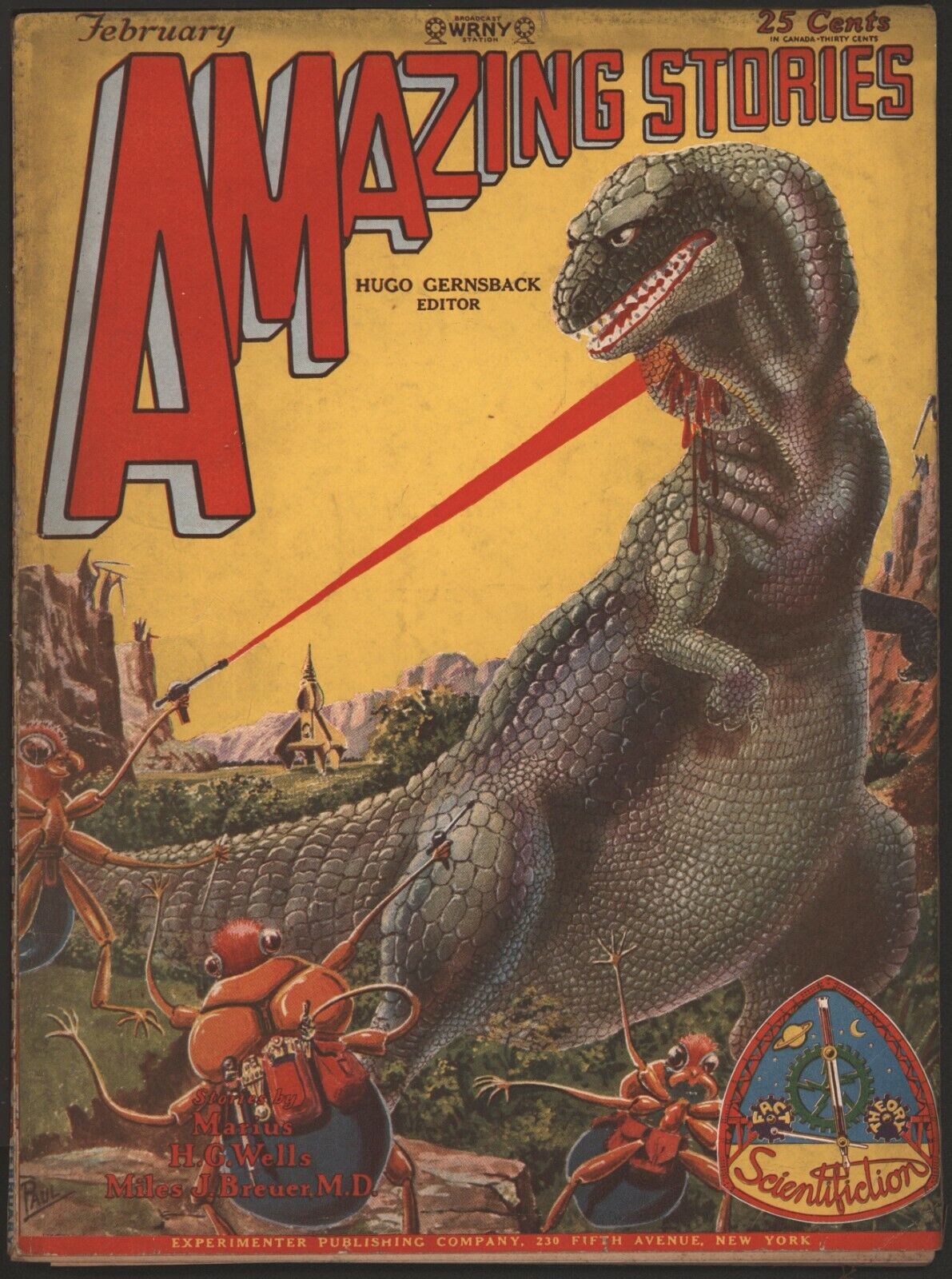 Amazing Stories 1929 February. Dinosaur cover.    Pulp