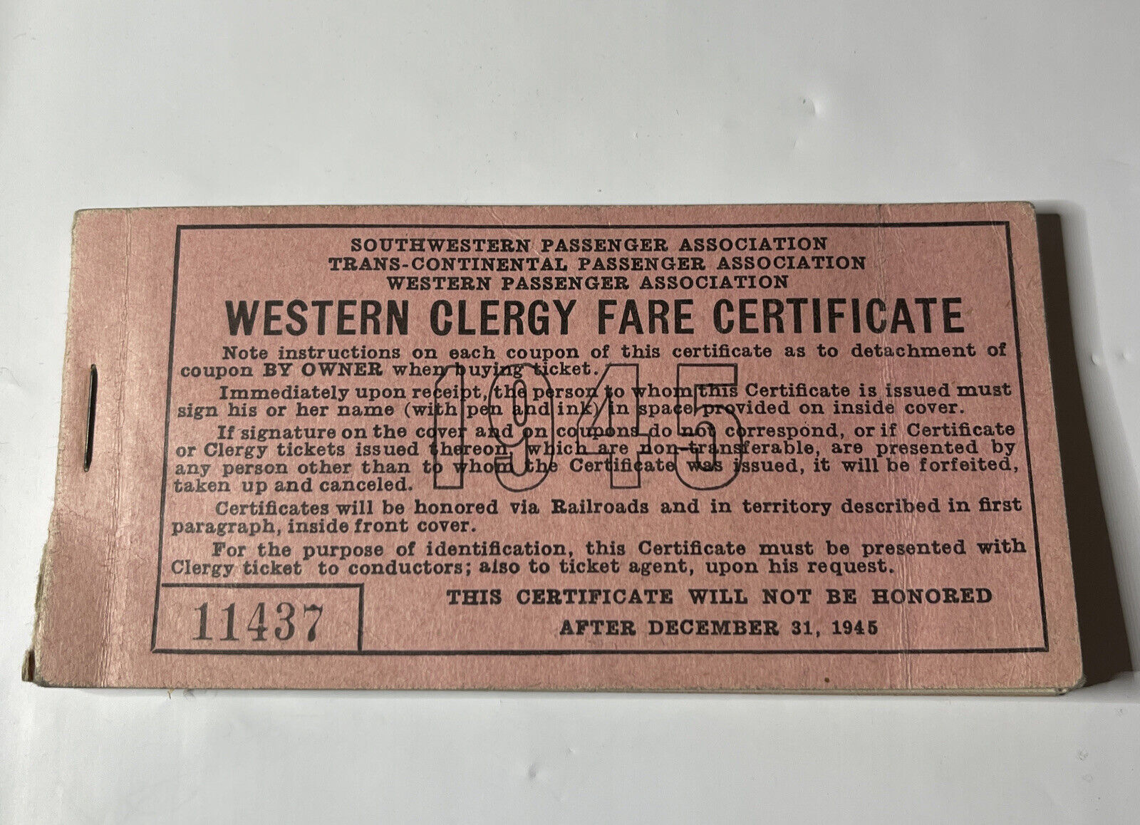 Vintage Western Clergy Fare Certificate 1945 Railroad Passenger Train Booklet