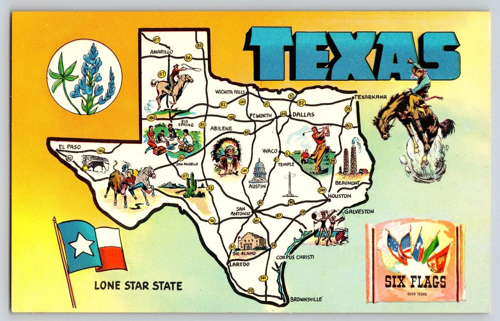 Postcard Texas Six Flags Map