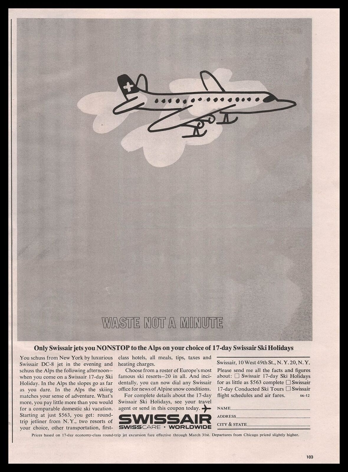 1962 Swissair Jet Nonstop To The Alps Waste Not A Minute Cartoon Print Ad