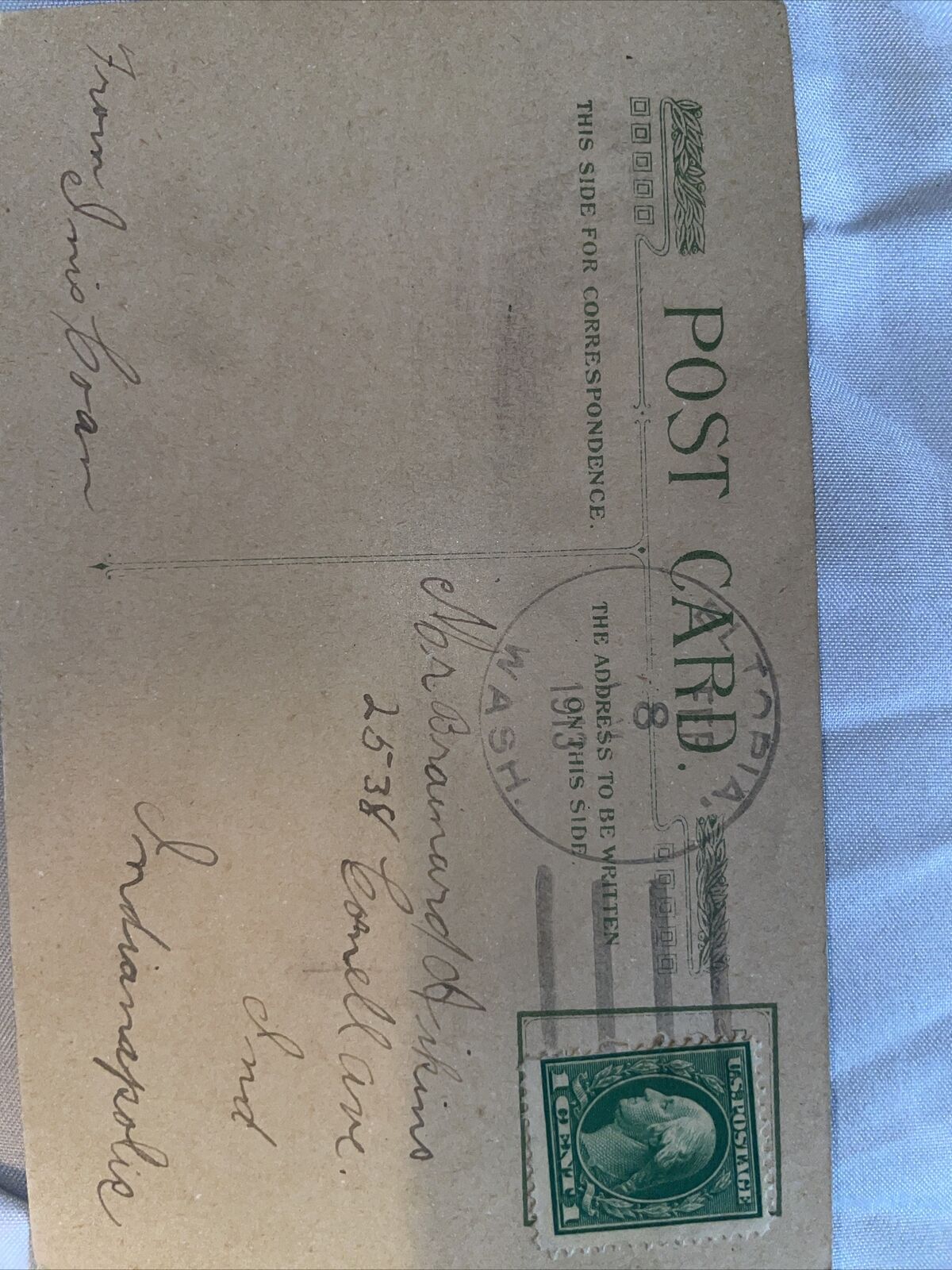 Rare 1913 post card with green Washington stamp/ Cupid On Back Of Post Card