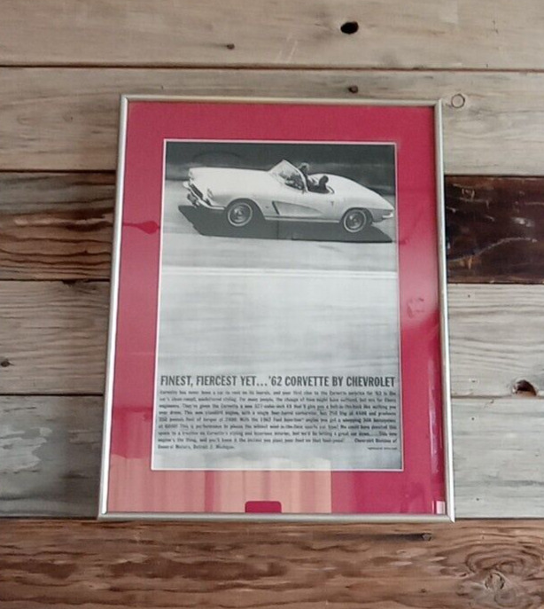1962 Pro Framed Original Chevrolet Corvette Picture AD Chevy Car Man Cave 
