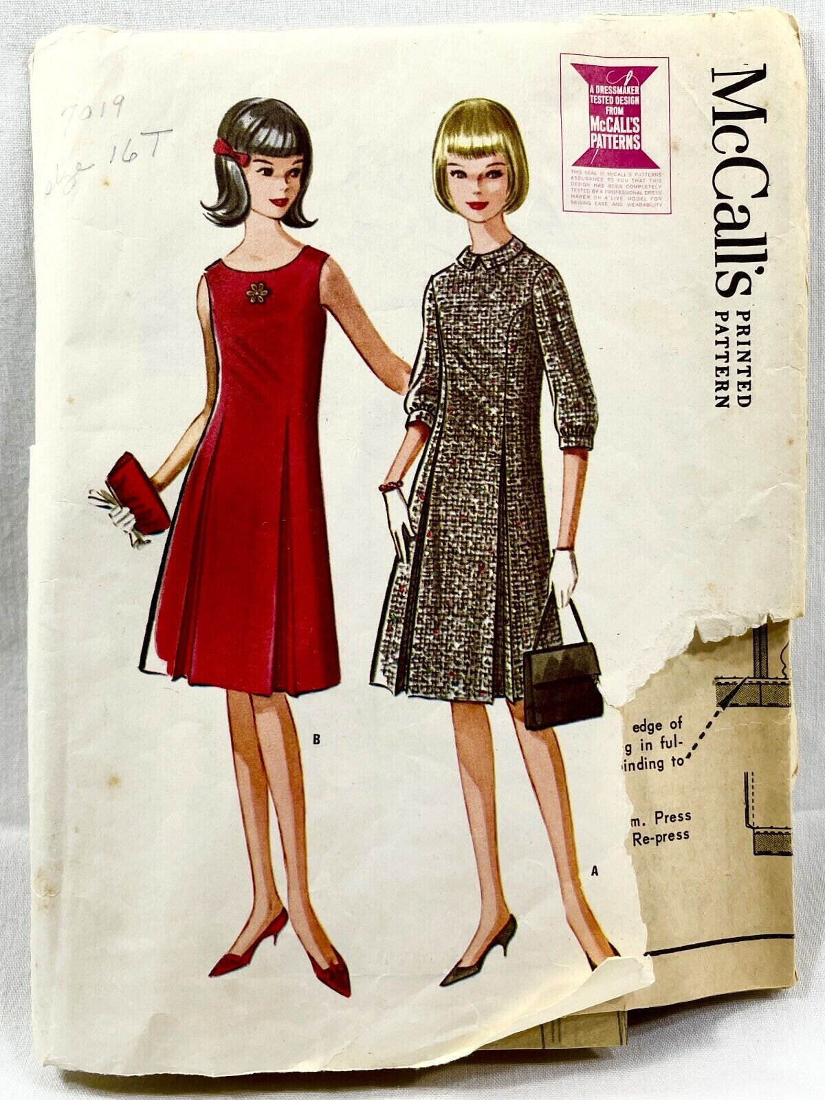 1963 McCalls Sewing Pattern 7019 Teens Dress 2 Styles Size 16T Vintage 10955